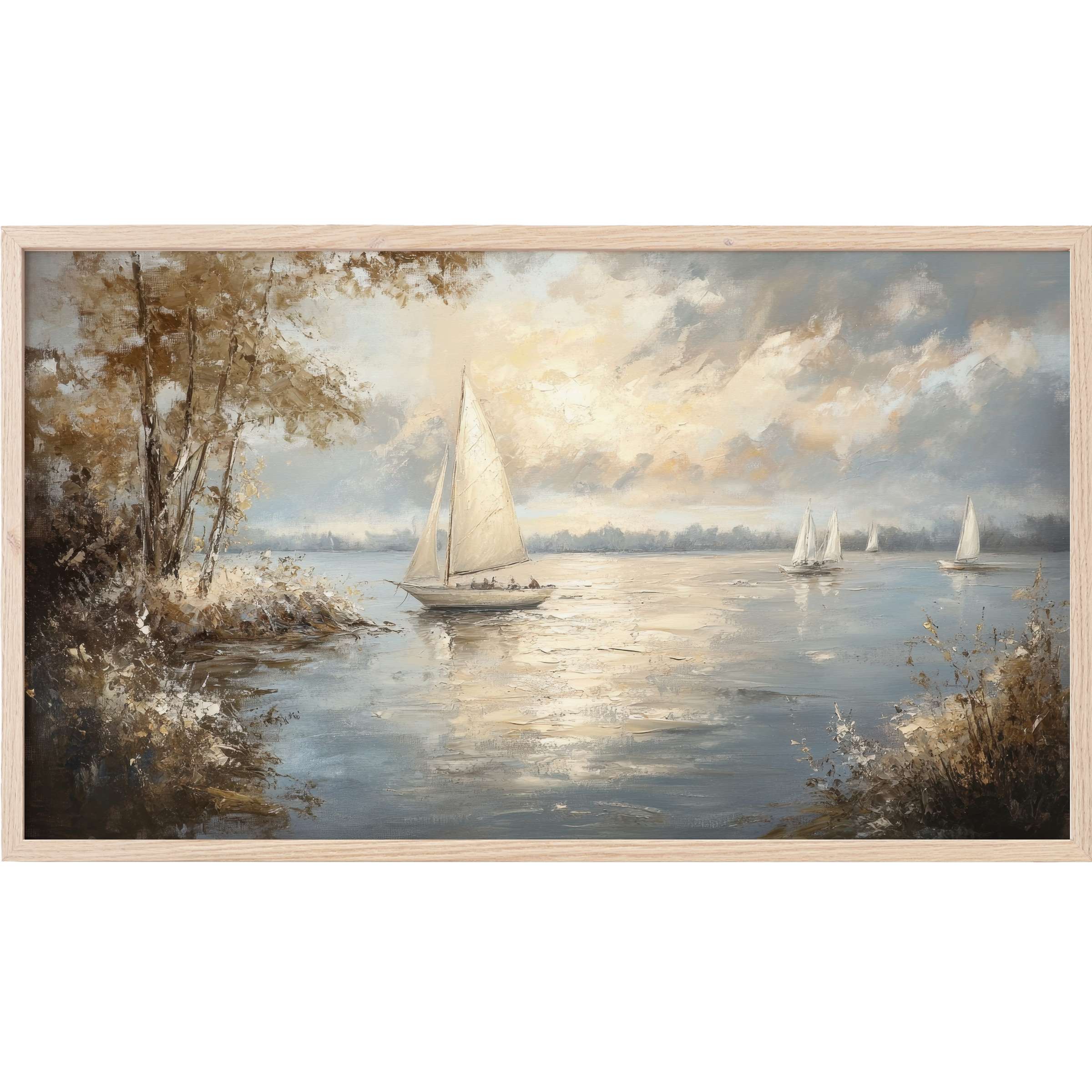 Coastal Frame TV Art depicting serene sailboats with soft blues and warm neutrals in a textured, modern impressionist style