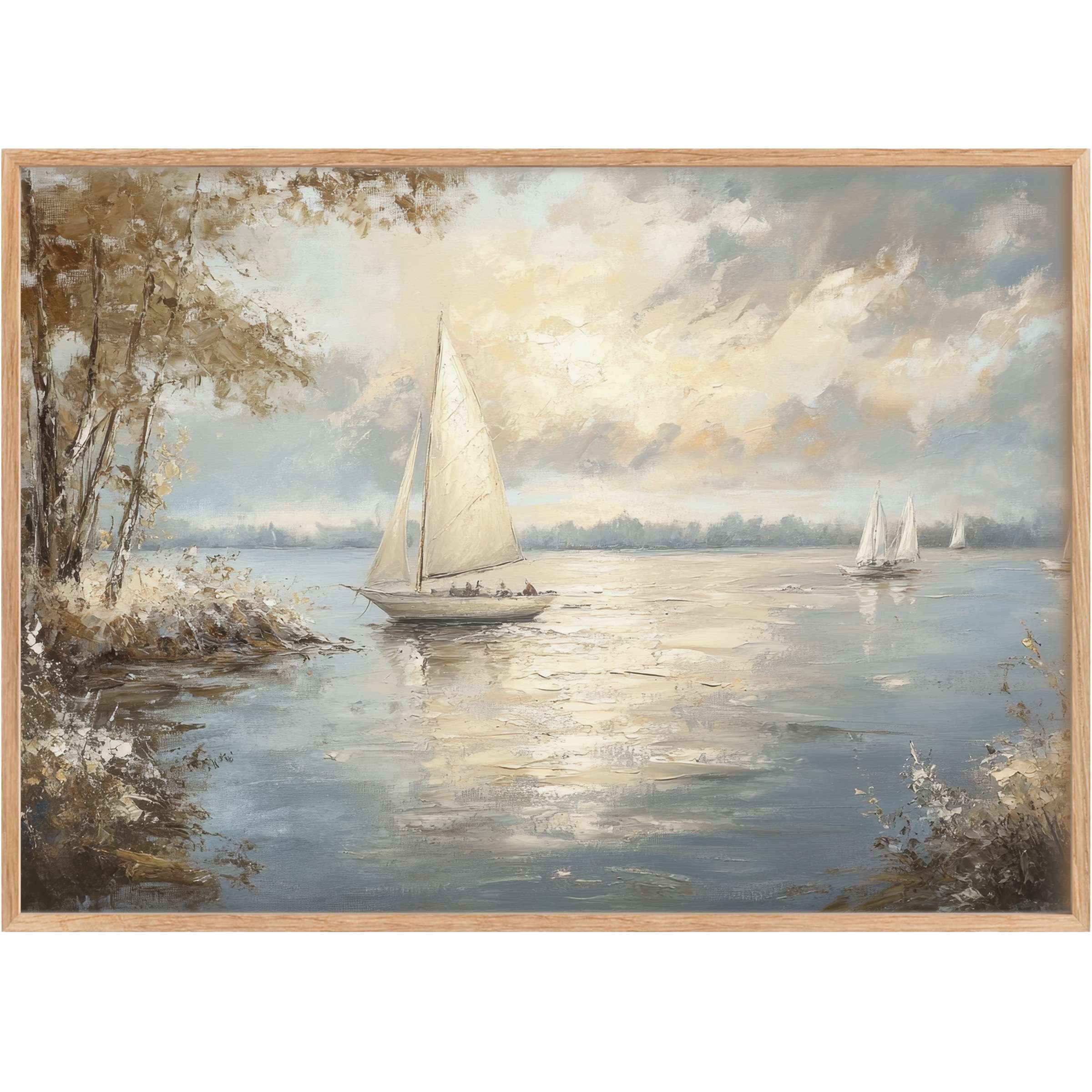 Coastal printable wall art capturing serene sailing at dusk, with soft blues and warm neutrals evoking calm elegance