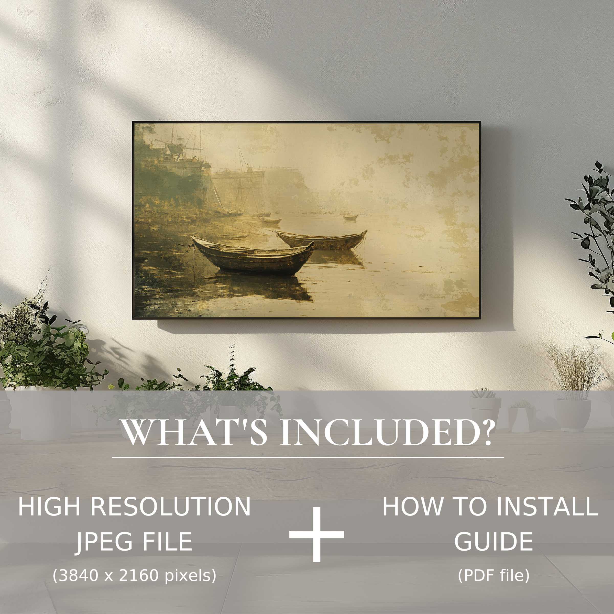 Elegant beach digital TV art download showcasing serene boats; easy digital use enhances stylish living spaces effortlessly