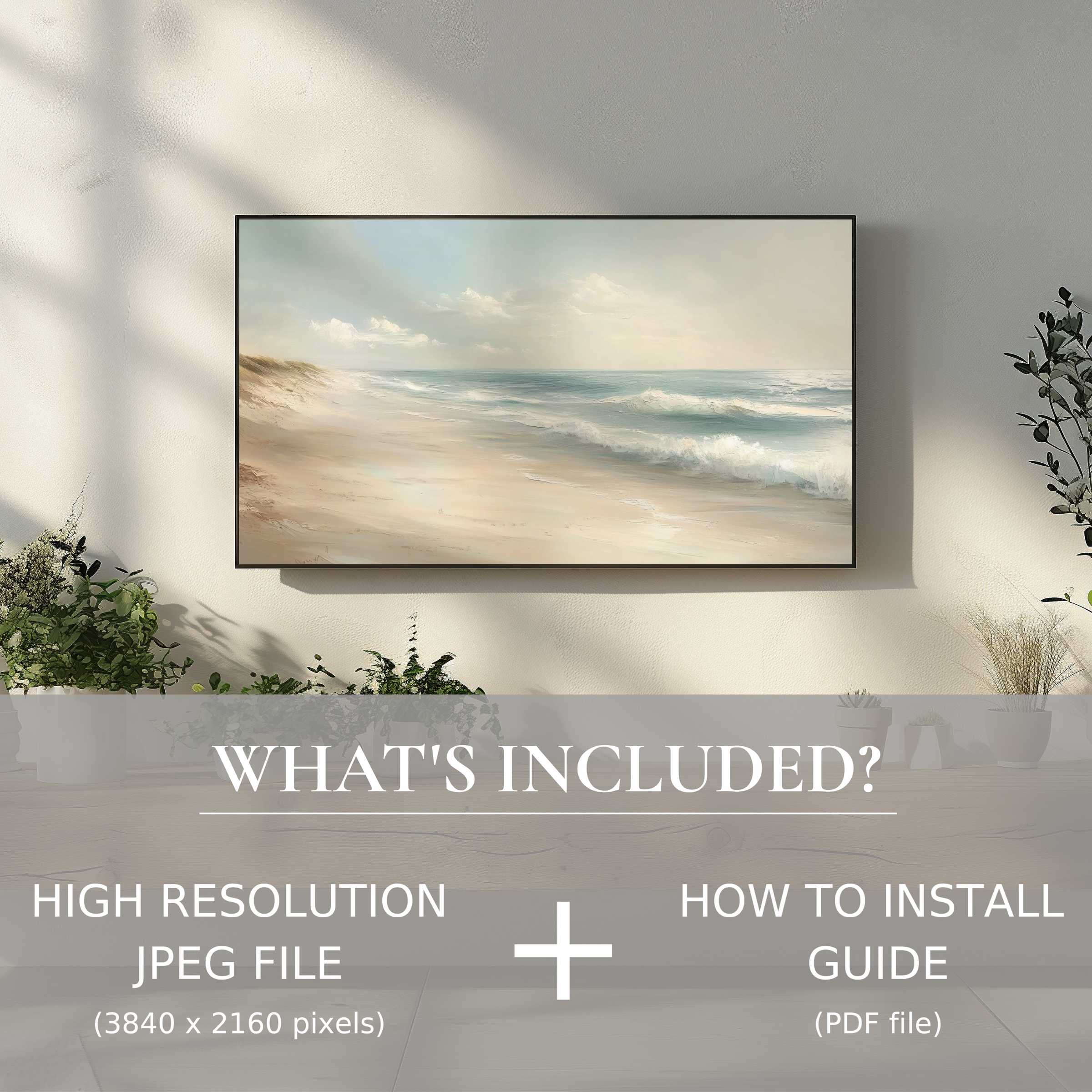 Elegant landscape digital TV art download, easy to use, enhances living space with serene coastal beauty