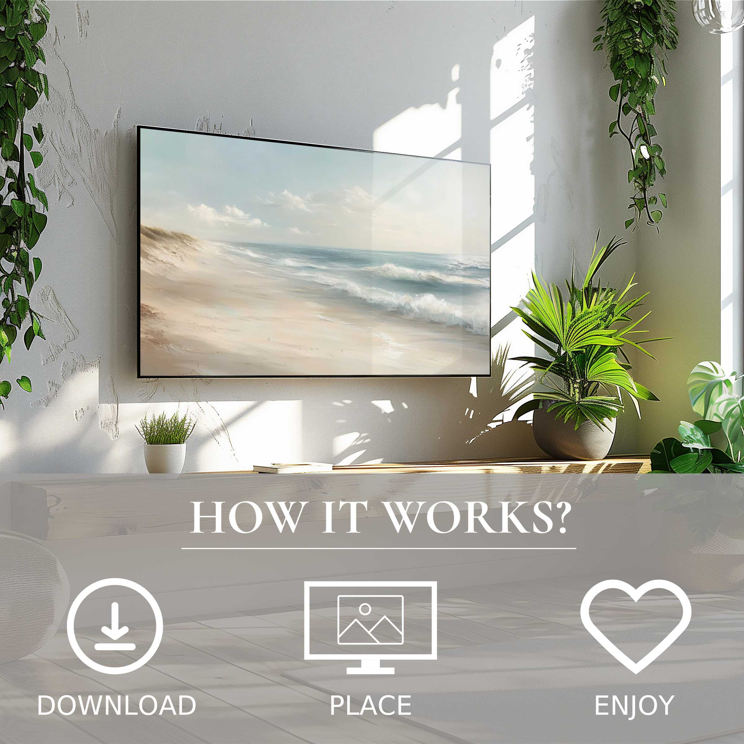 Bright living room with green plants, easy digital download; landscape art for Samsung TV shows soft ocean waves motif