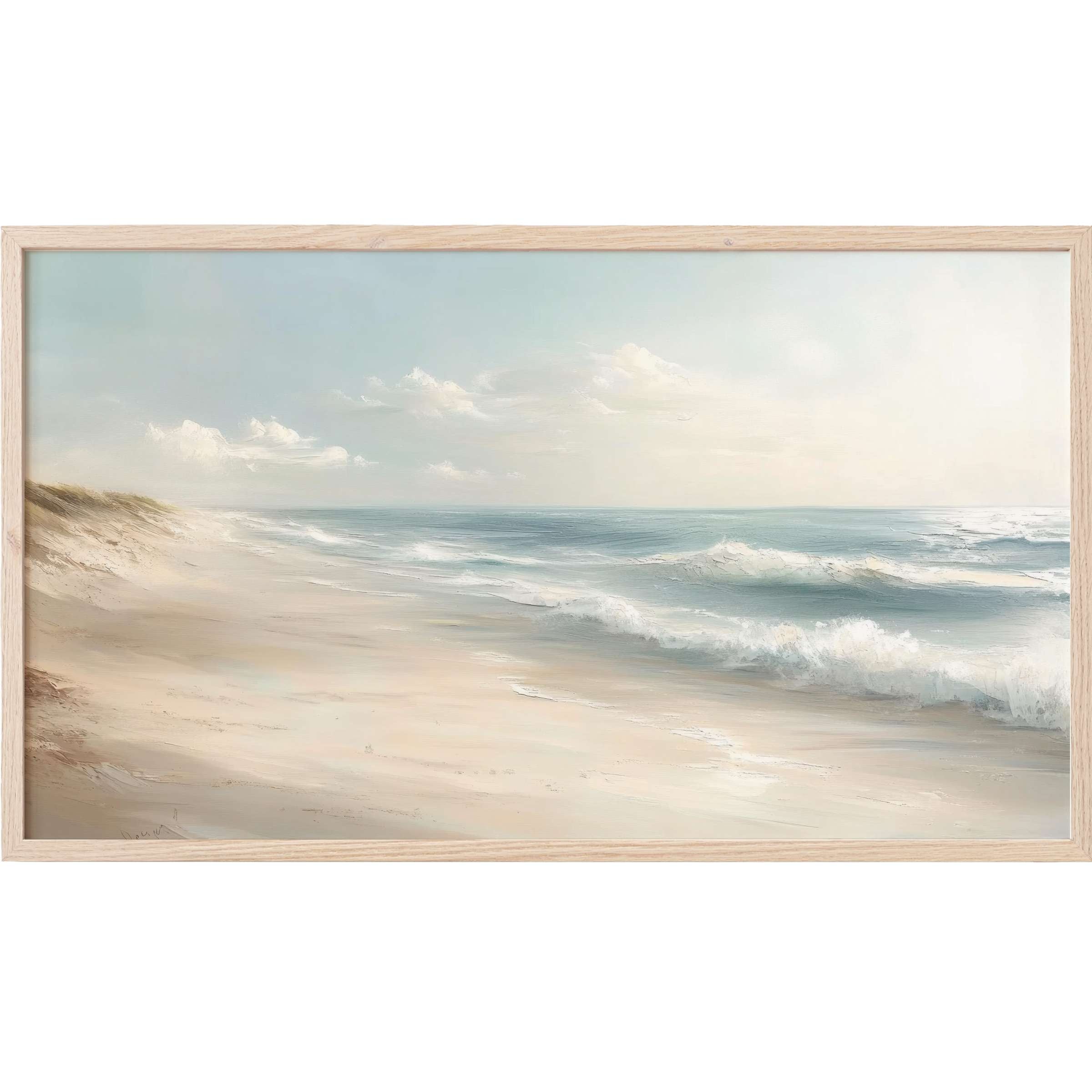 Serene seascape with soft sand dunes and gentle waves in muted tones, perfect landscape Frame TV Art