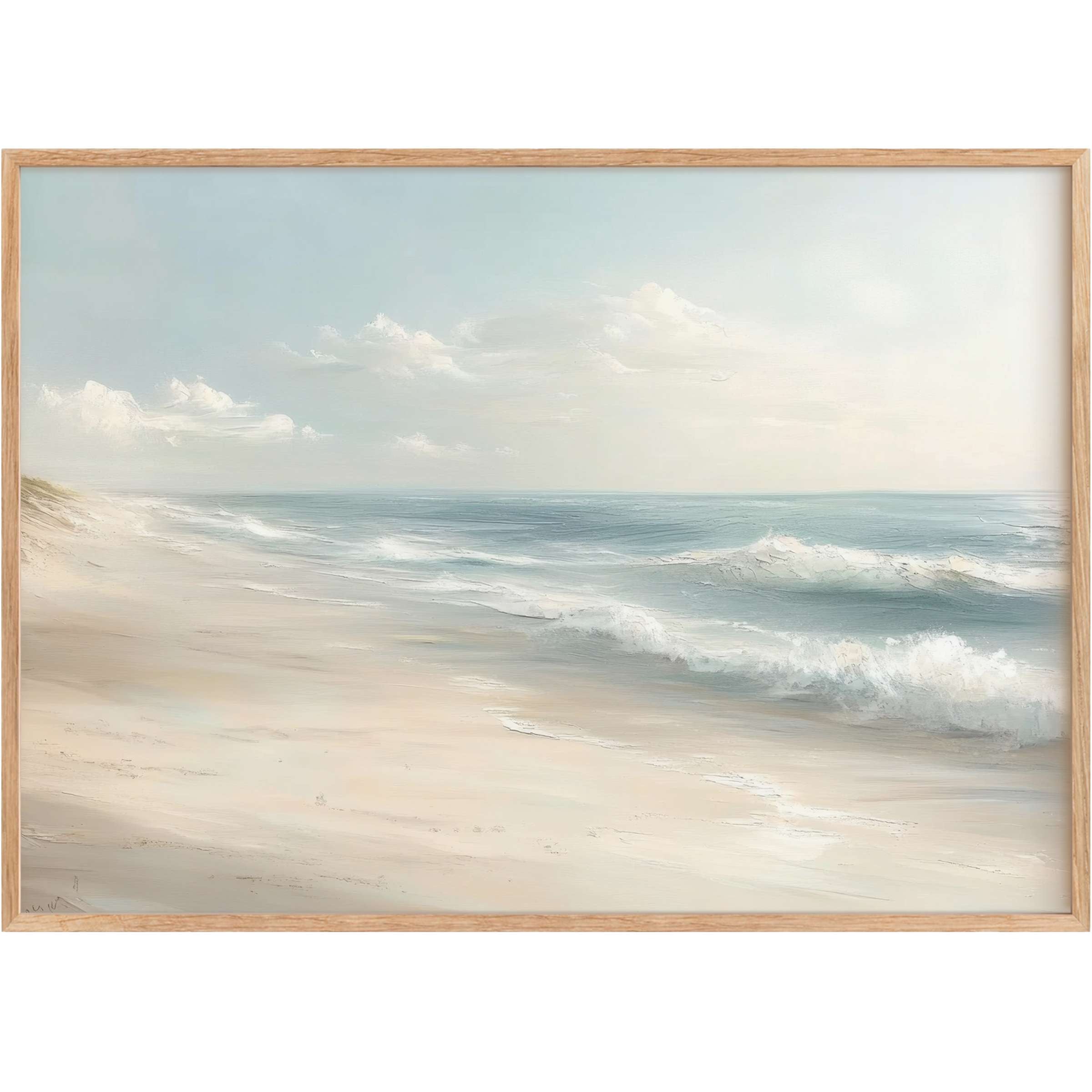 Serene coastal hues blend in this landscape printable wall art, evoking calmness with soft blues, sandy tones, and gentle waves