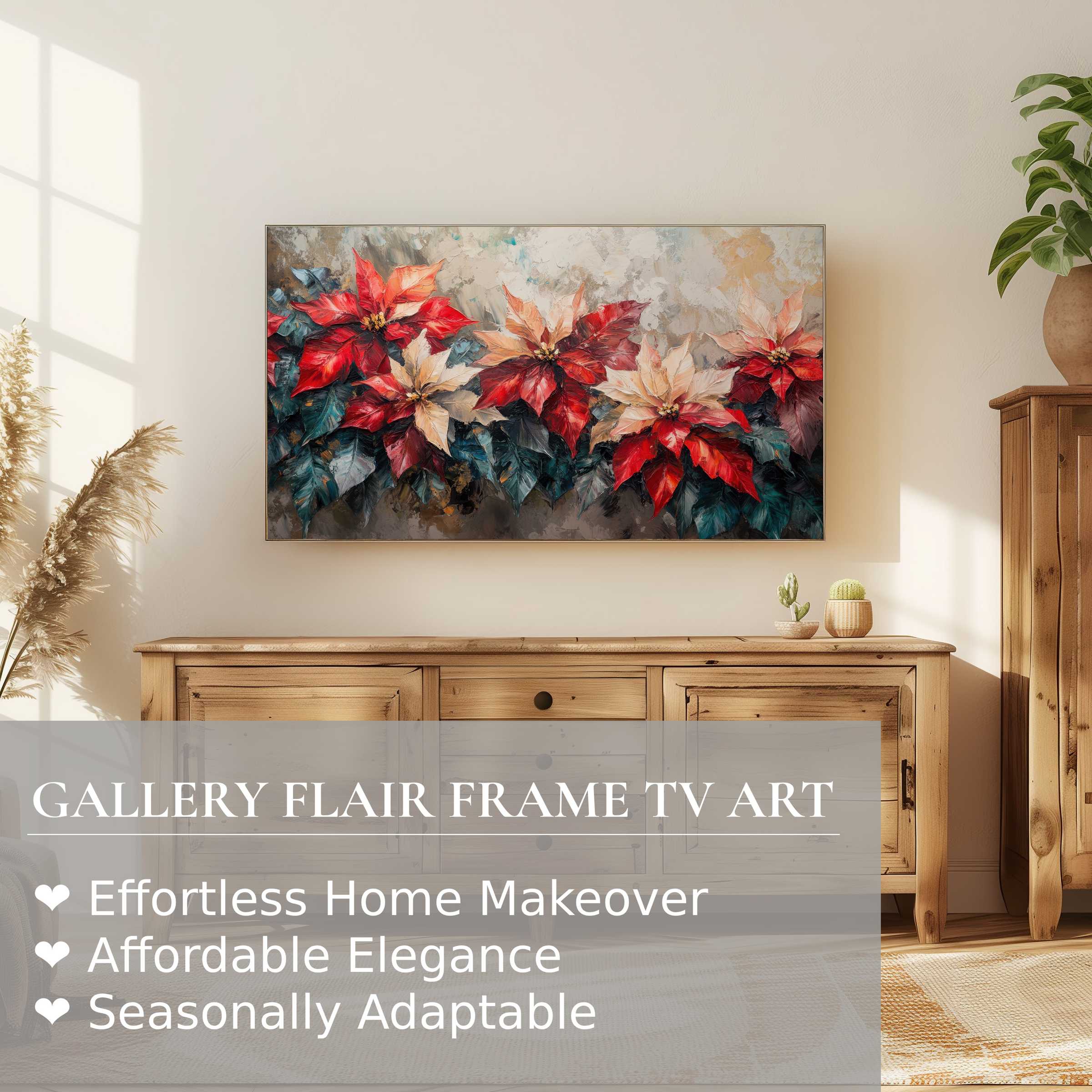 Samsung Frame TV displays elegant botanical digital artwork of vibrant poinsettias in a modern, natural living space