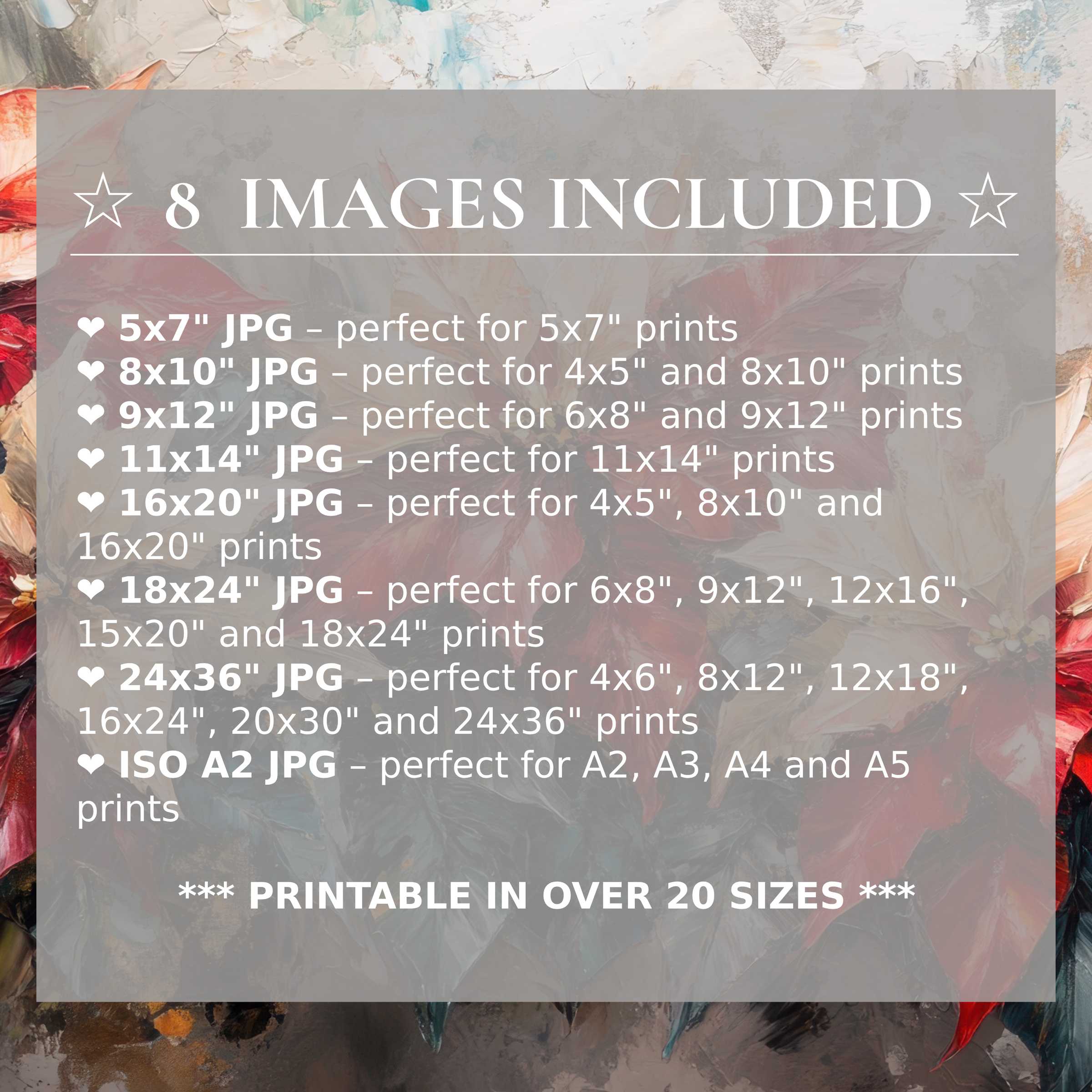 Botanical digital print in radiant reds and calming blues, included in 8 high-quality sizes to elevate modern interiors with versatile style