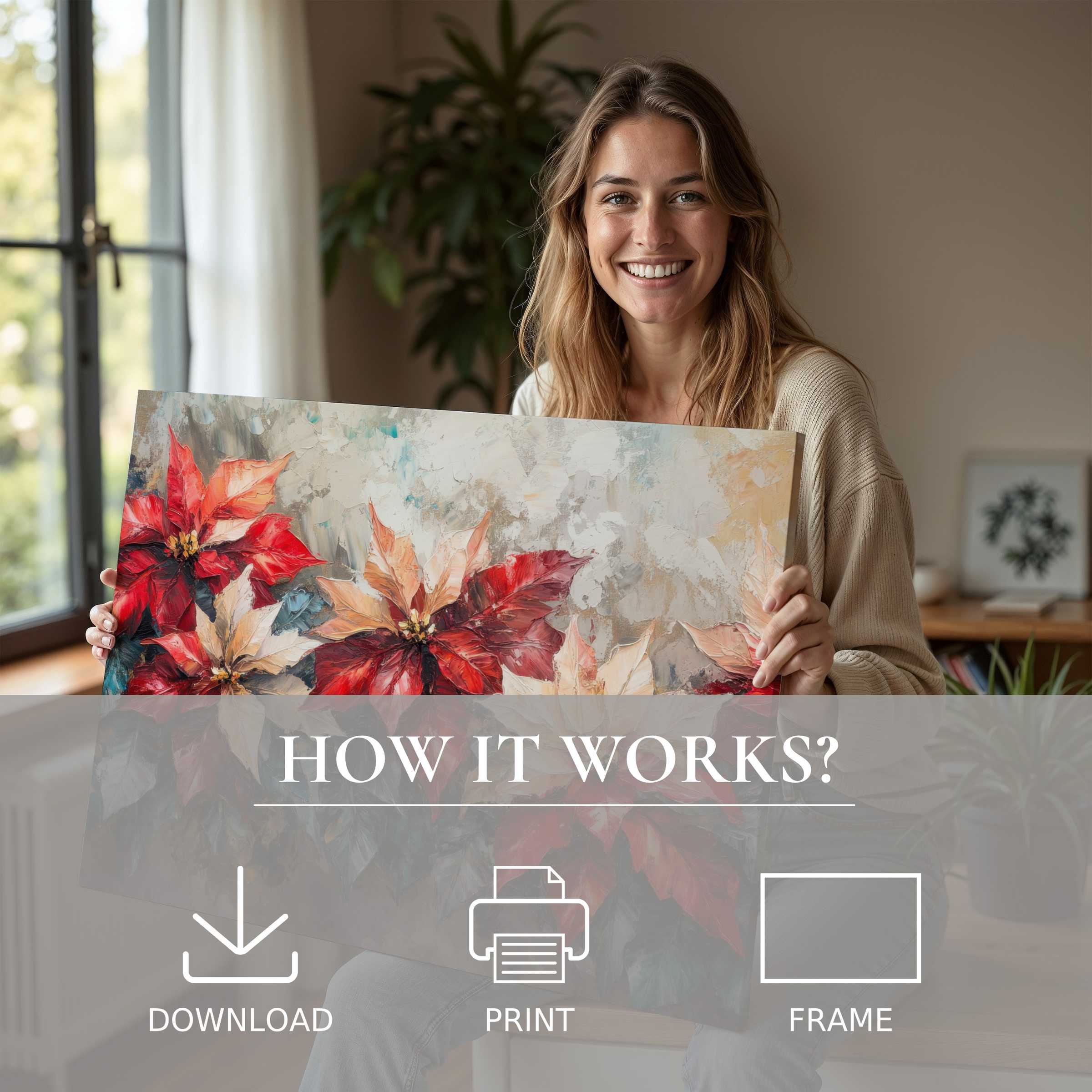 A joyful moment reveals a botanical digital art print’s vibrant reds and creams, inspiring serene elegance in modern home decor