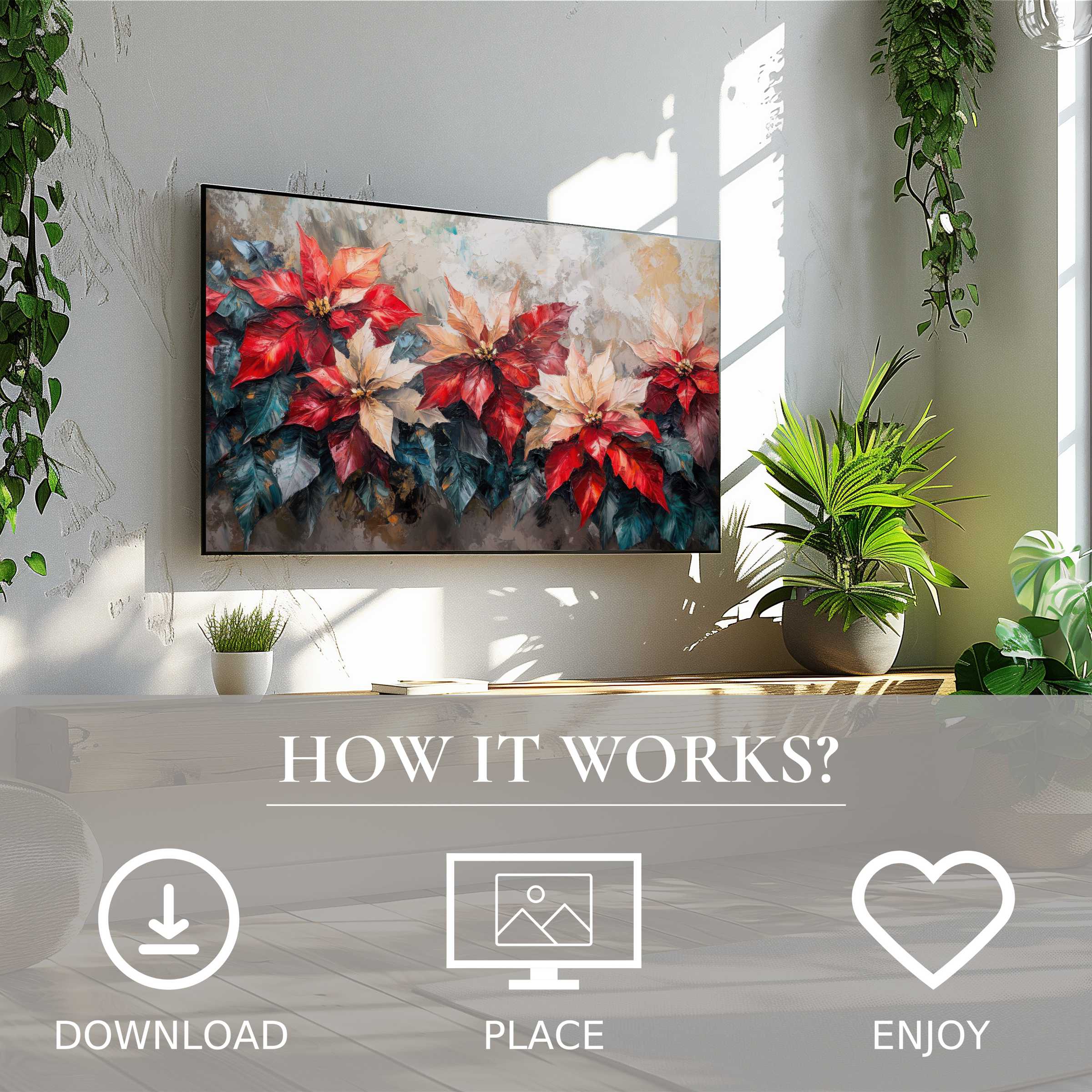 Botanical art for Samsung TV features vibrant poinsettias, easy digital download, enriching modern living spaces effortlessly