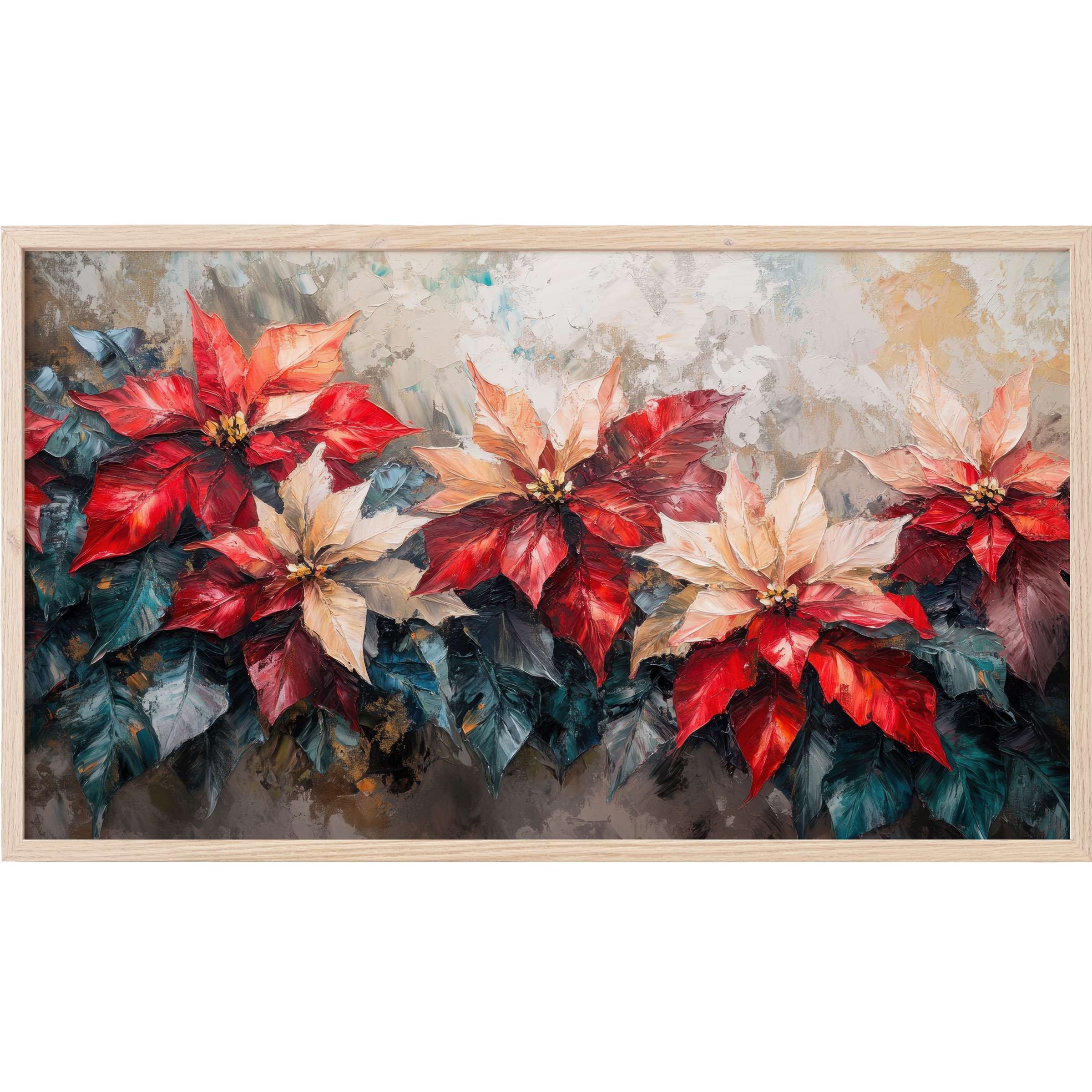 Elegant botanical Frame TV Art featuring rich red and cream poinsettias with deep green leaves on textured background