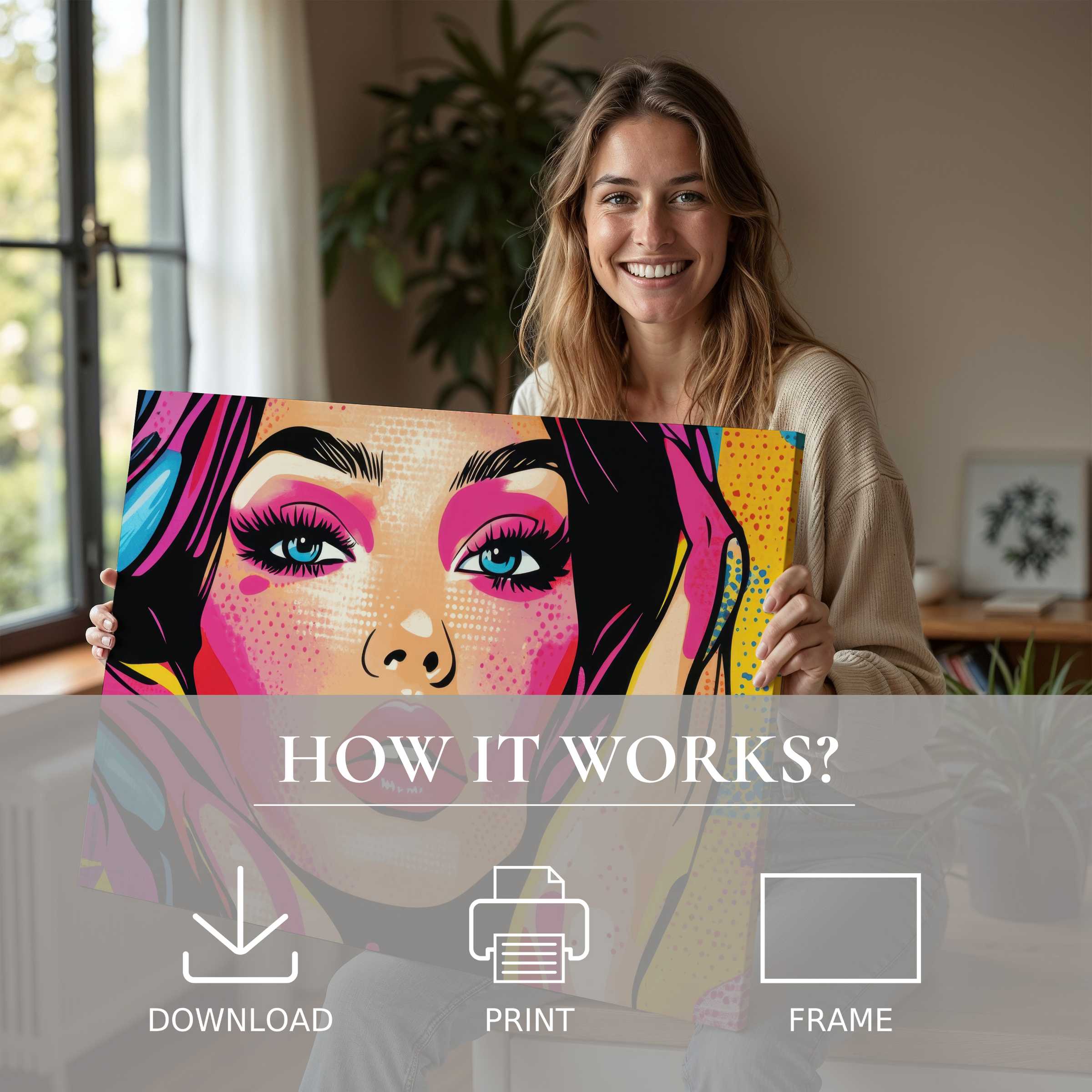 Radiant joy infuses a serene moment as vibrant pop art digital art print transforms this modern home with bold color and effortless elegance