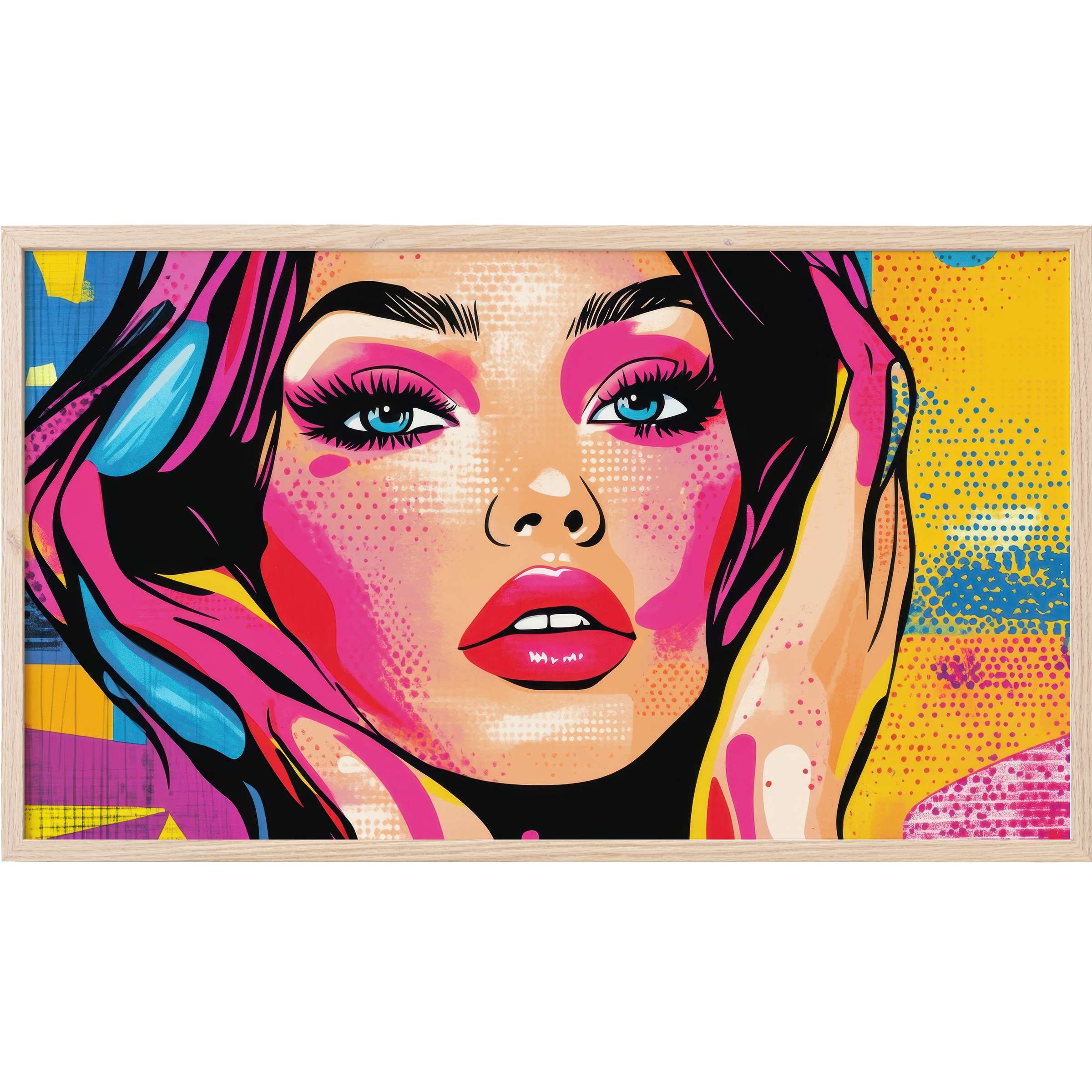 Vibrant pop art Frame TV Art of a woman’s face in pinks, blues, and yellows with bold, graphic detailing and modern flair