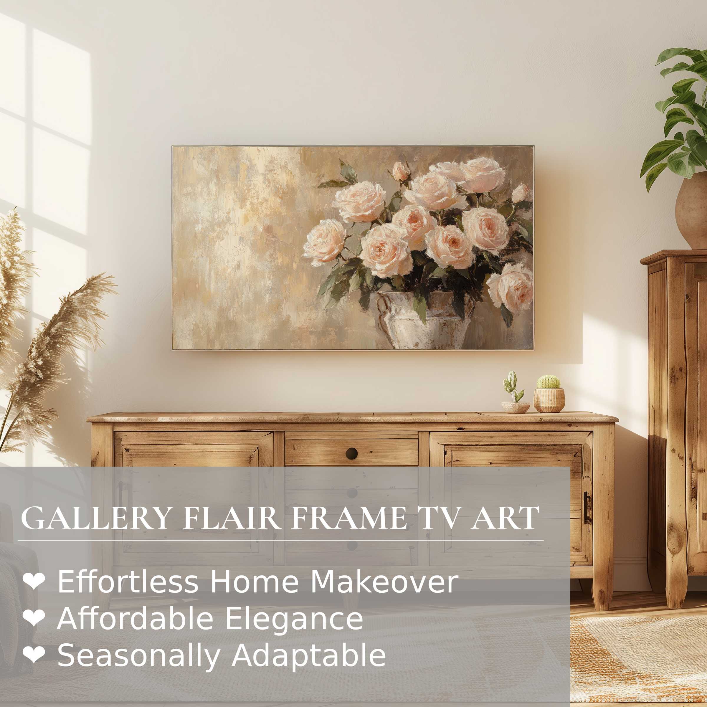 Samsung Frame TV showcasing refined floral digital artwork above rustic wood console in sunlit modern setting