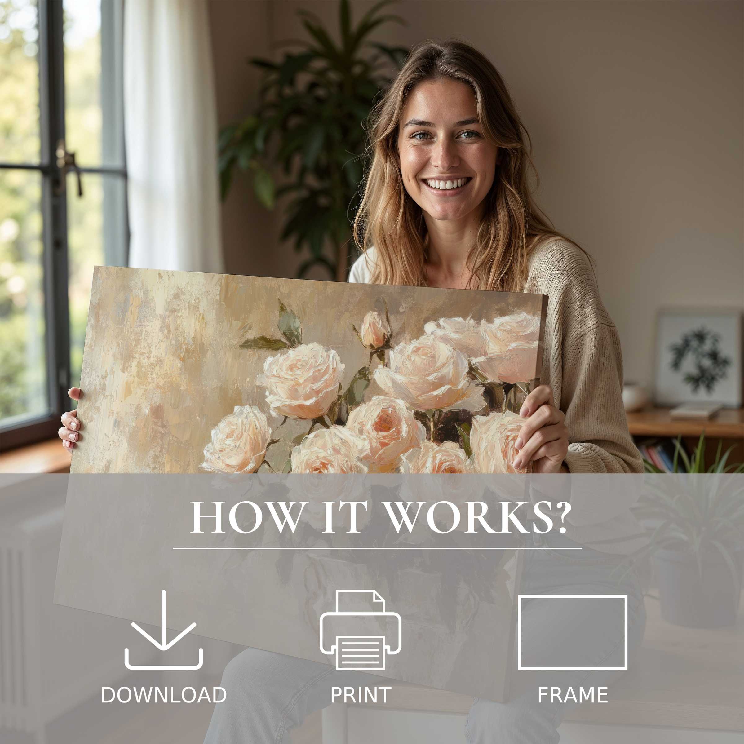 A joyful moment of connection with floral digital art print, embracing effortless elegance to enrich modern living spaces