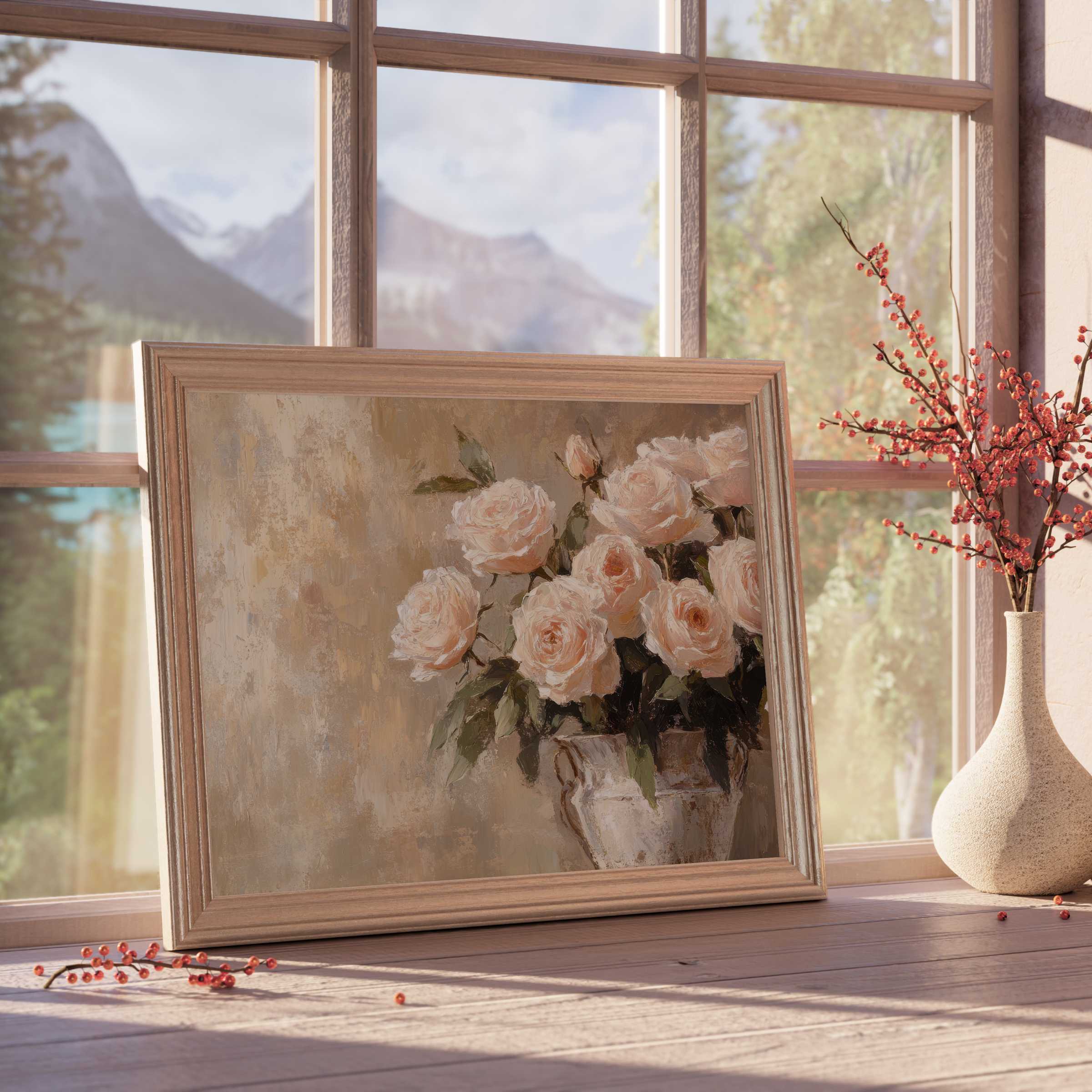 Soft blush roses in vintage vase evoke calm elegance in curated spaces, enhancing tranquil interiors with floral downloadable art