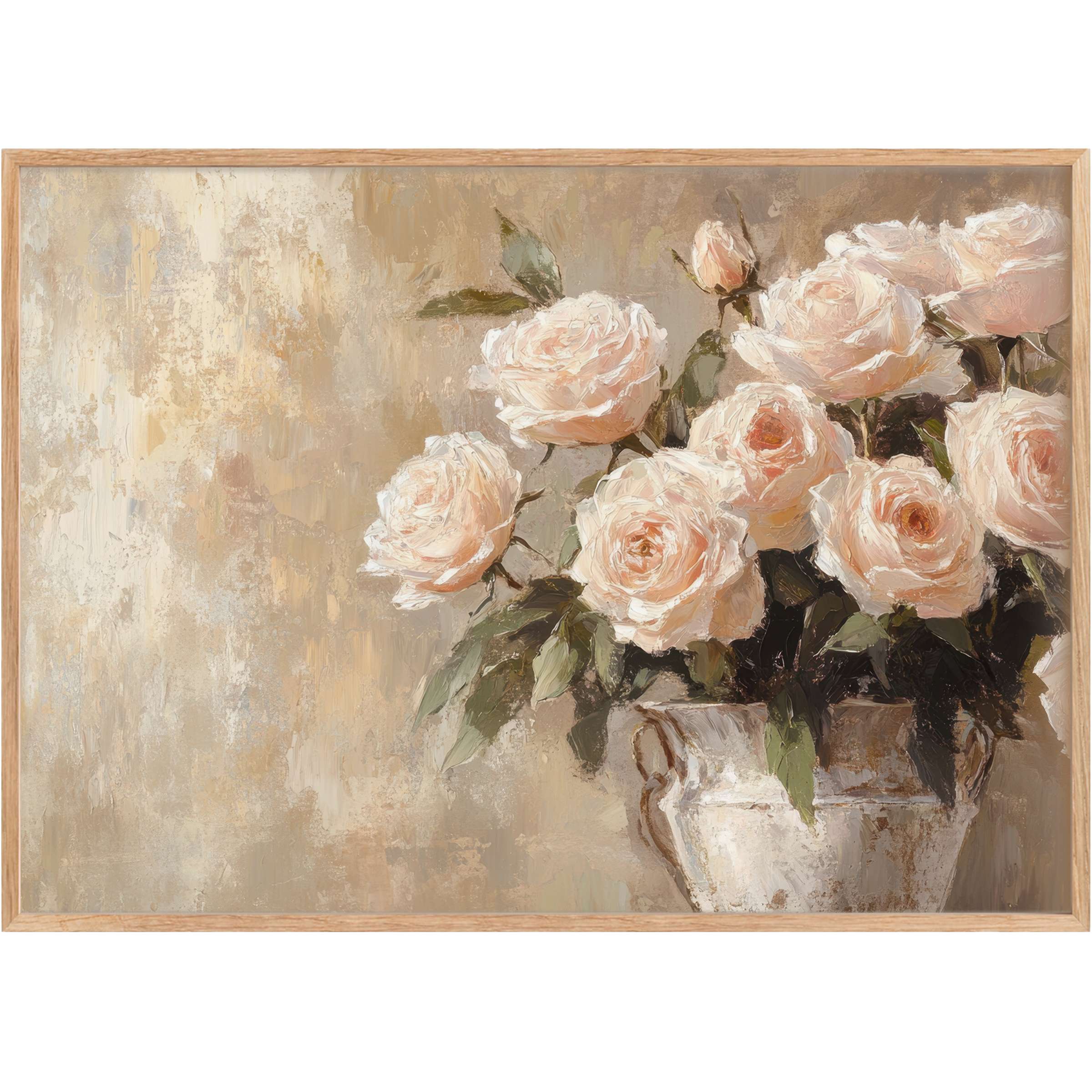 Elegant floral printable wall art with soft blush roses and muted greens, creating a serene, timeless ambiance for refined interiors