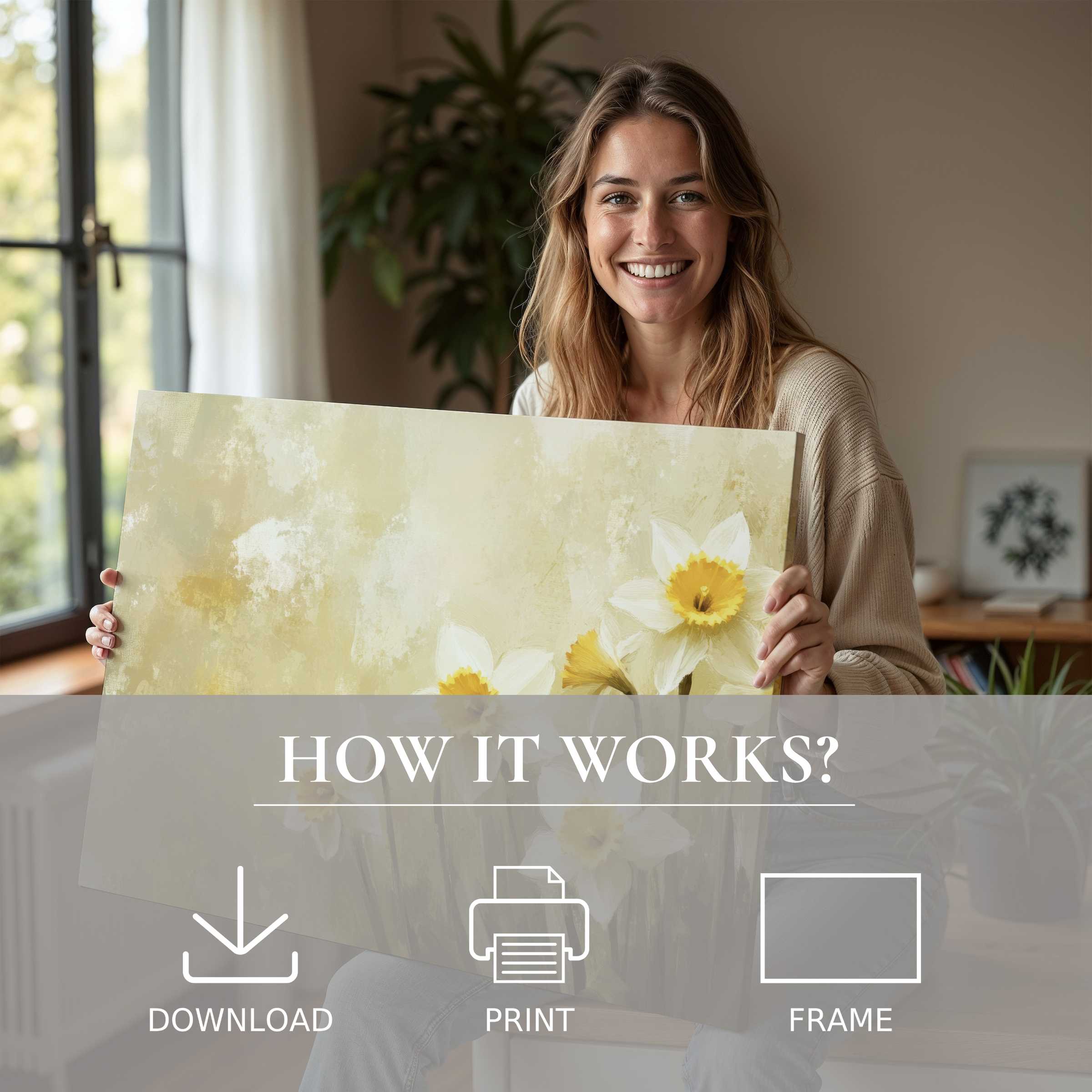 Serene spring digital art print embraced in a modern home, evoking joy and effortless elegance through nature-inspired abstraction