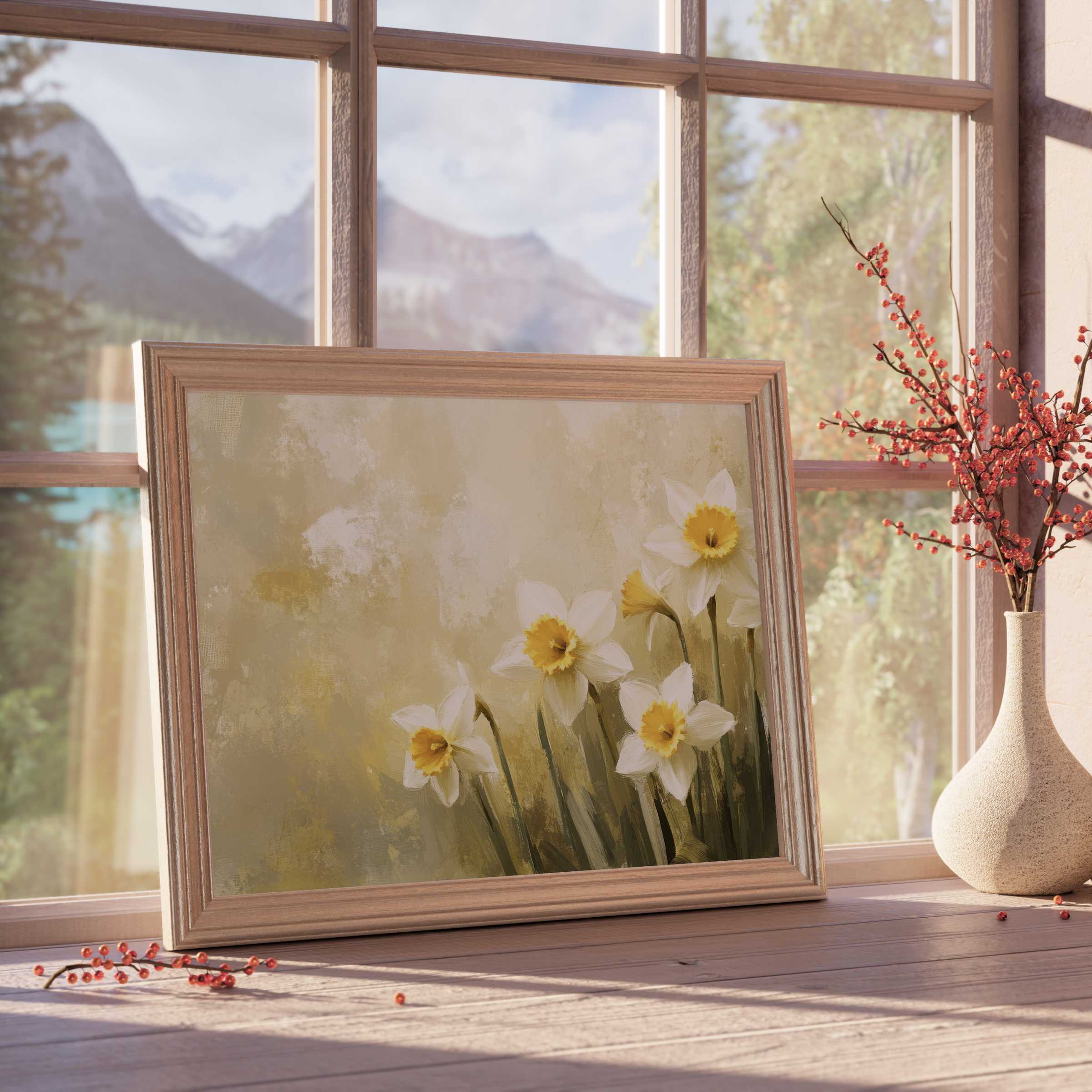 Elegant spring downloadable art featuring soft daffodils in warm hues, enhancing tranquil, curated interiors with refined botanical charm