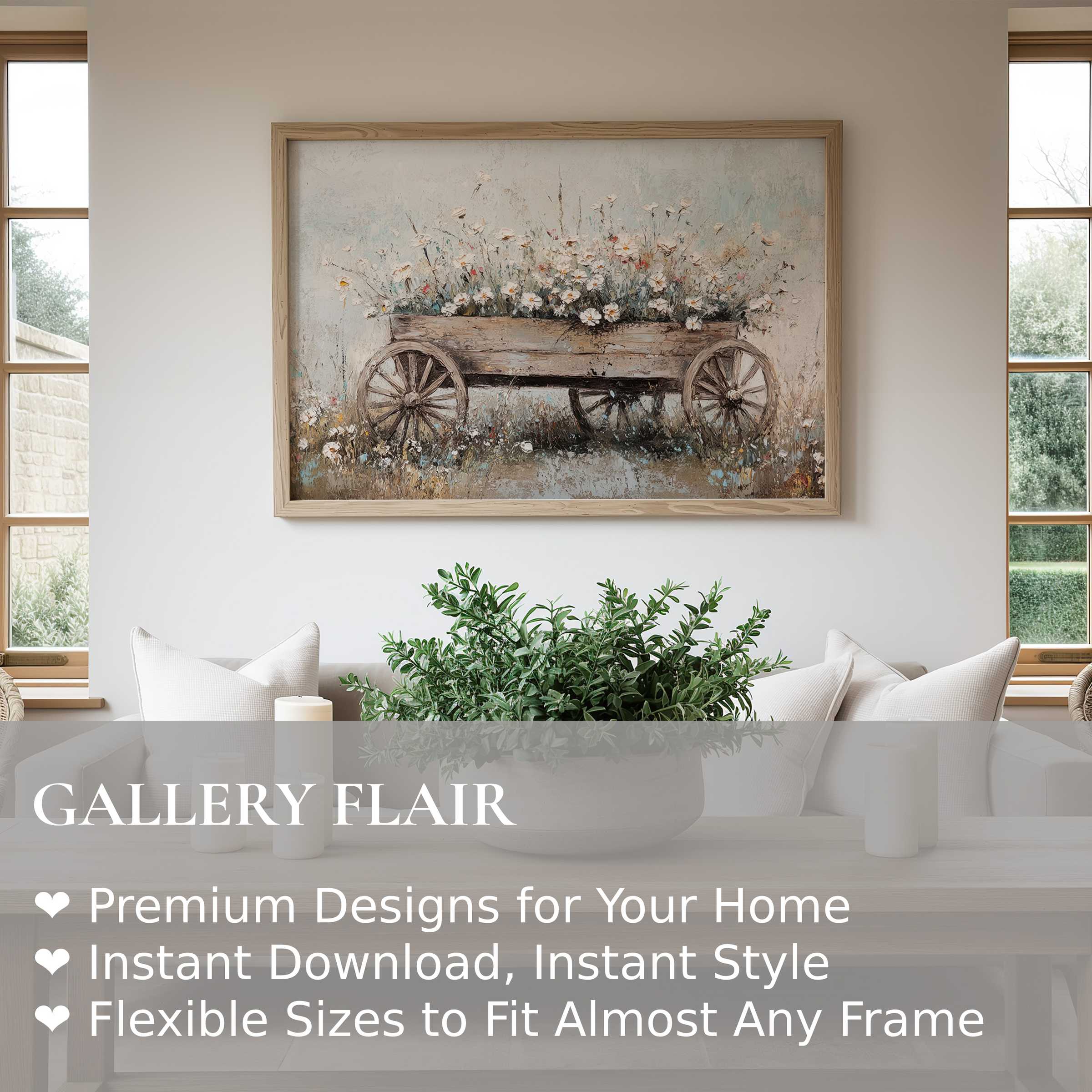 Farmhouse wall art print featuring a rustic cart of wildflowers, evoking serene charm in modern farmhouse interiors