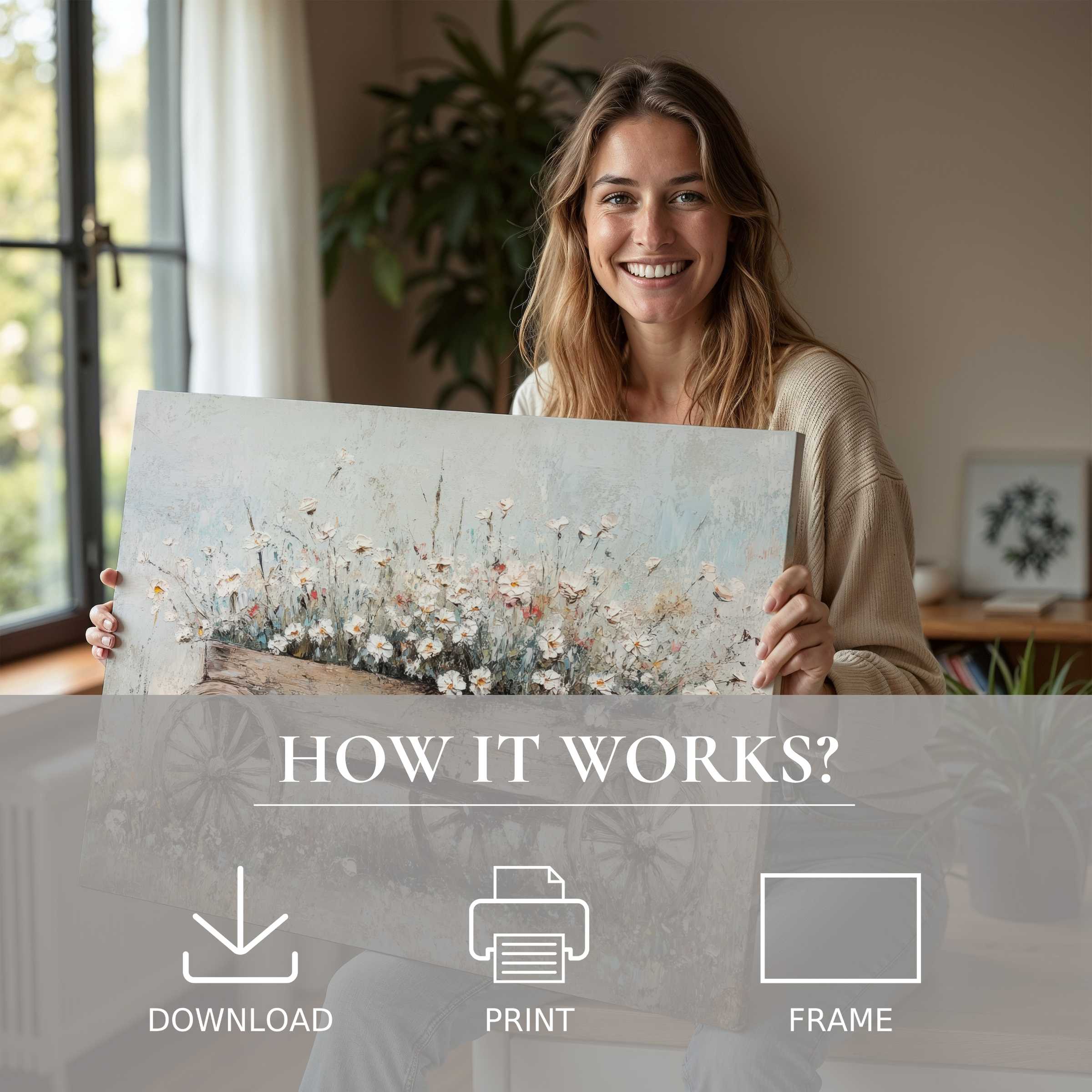 Radiant joy meets timeless charm with this farmhouse digital art print, infusing serene elegance and effortless beauty into your modern home