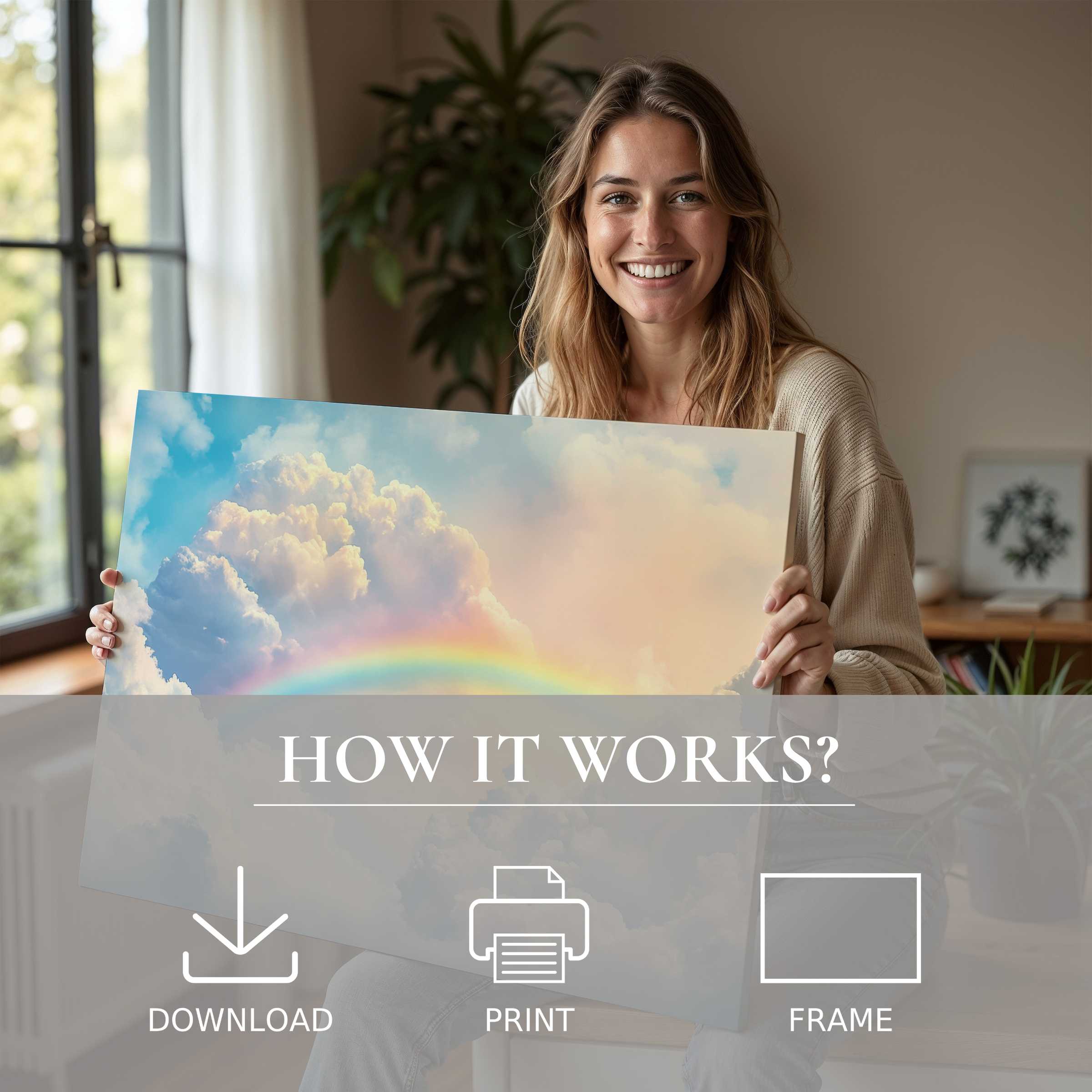 Joy radiates as serene nursery digital art print with soft clouds and gentle rainbow transforms a modern home’s warm ambiance