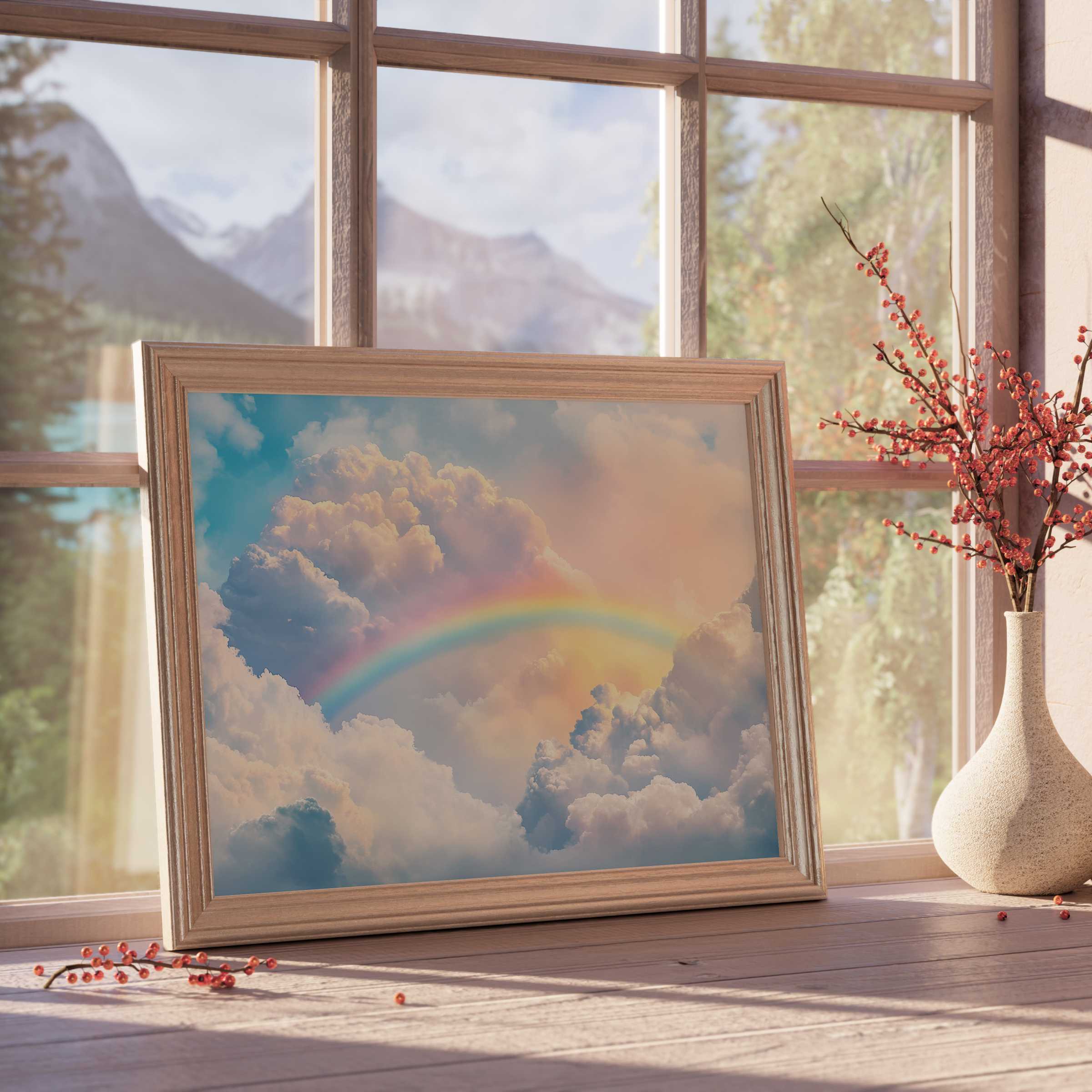 Ethereal nursery downloadable art featuring a gentle rainbow arching through soft, sunlit clouds, enriching tranquil, design-forward interiors