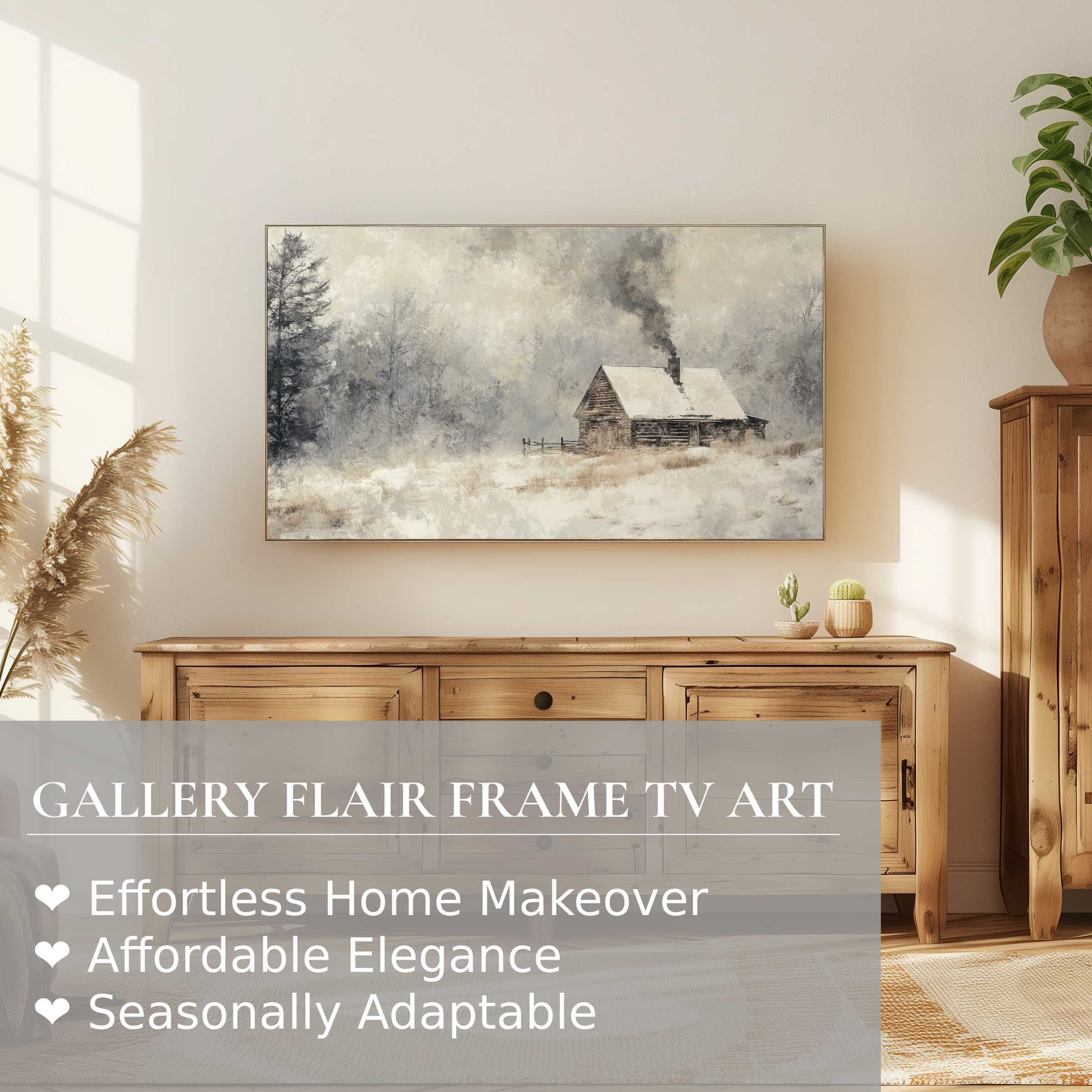 Samsung Frame TV displays serene winter digital artwork, blending rustic charm with modern, elegant home decor