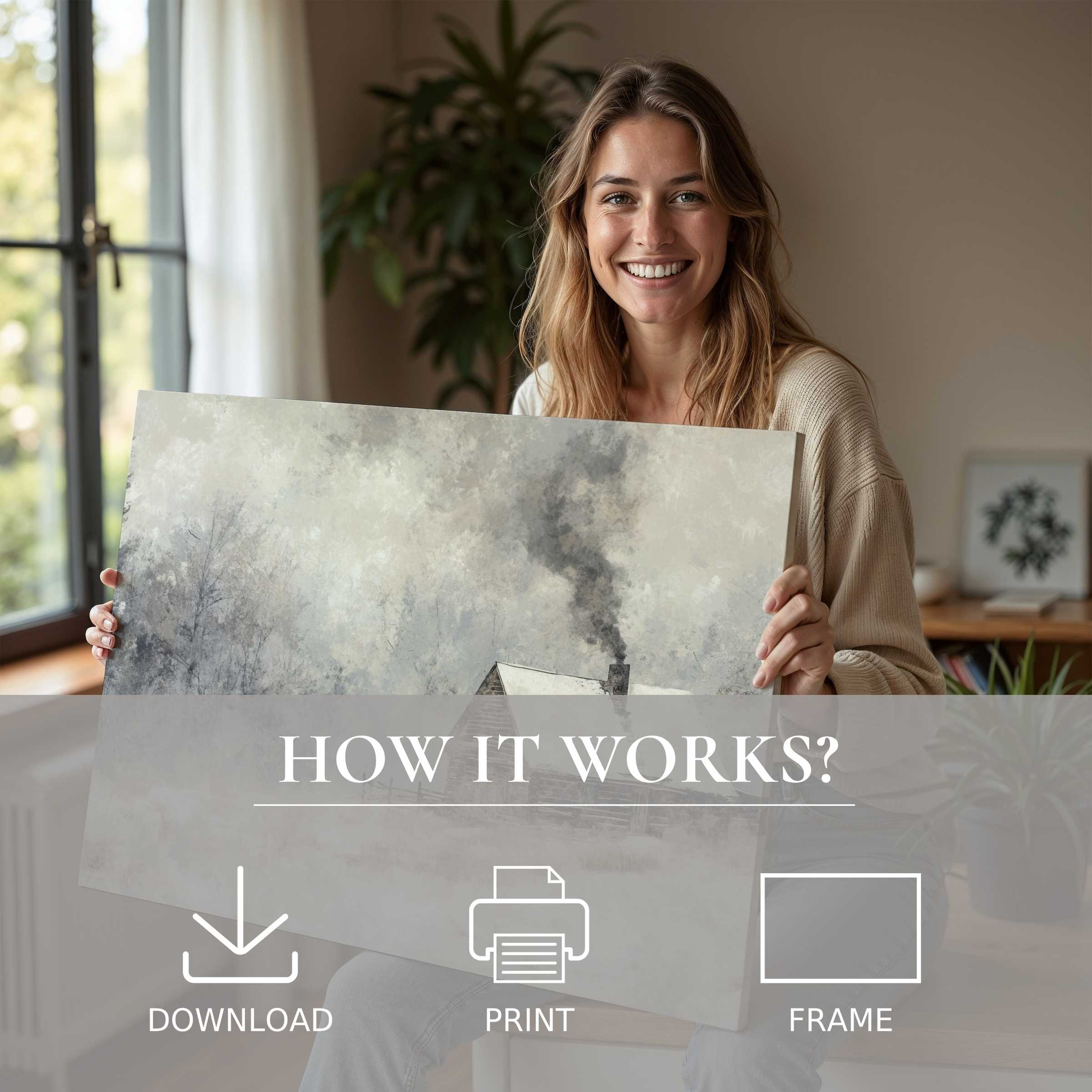 Serene winter digital art print embraced in a stylish home, evoking warmth, joy, and effortless elegance in decor