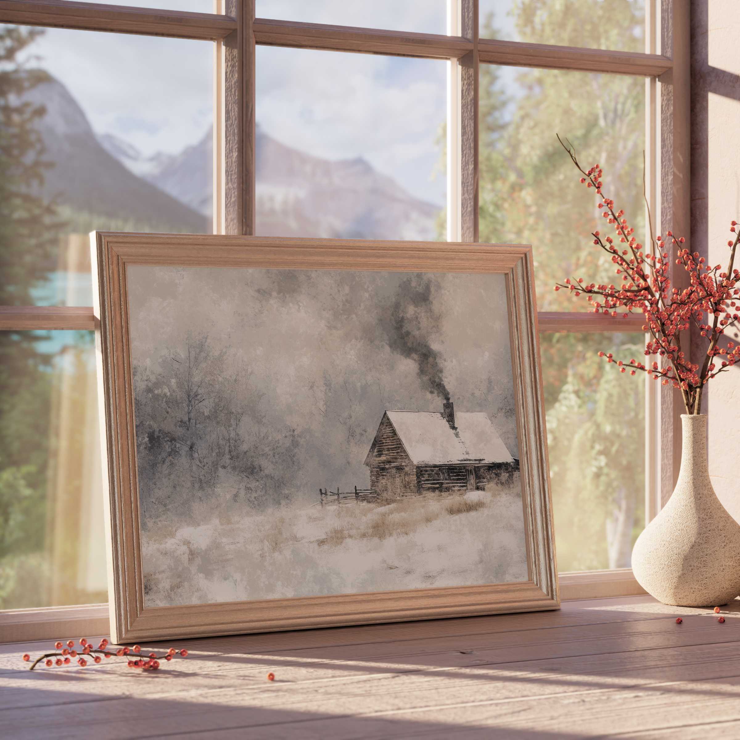 Winter downloadable art capturing a serene snow-covered cabin with smoky warmth, perfect for tranquil, curated, design-forward interiors