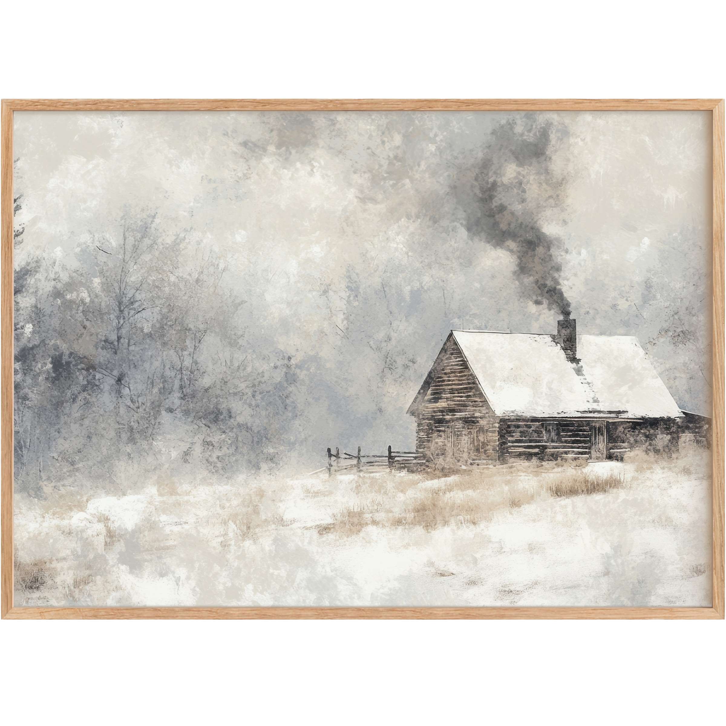 Winter printable wall art captures a serene, snowy cabin scene in soft grays and warm earth tones, evoking cozy tranquility