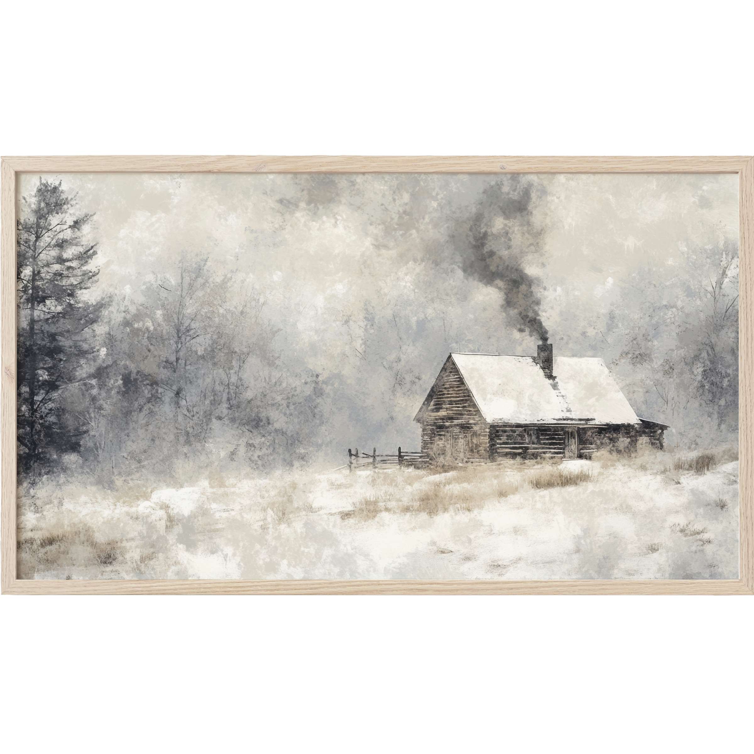 Winter Frame TV Art depicting a rustic cabin with smoke, muted grays and creams in a soft, textured winter landscape