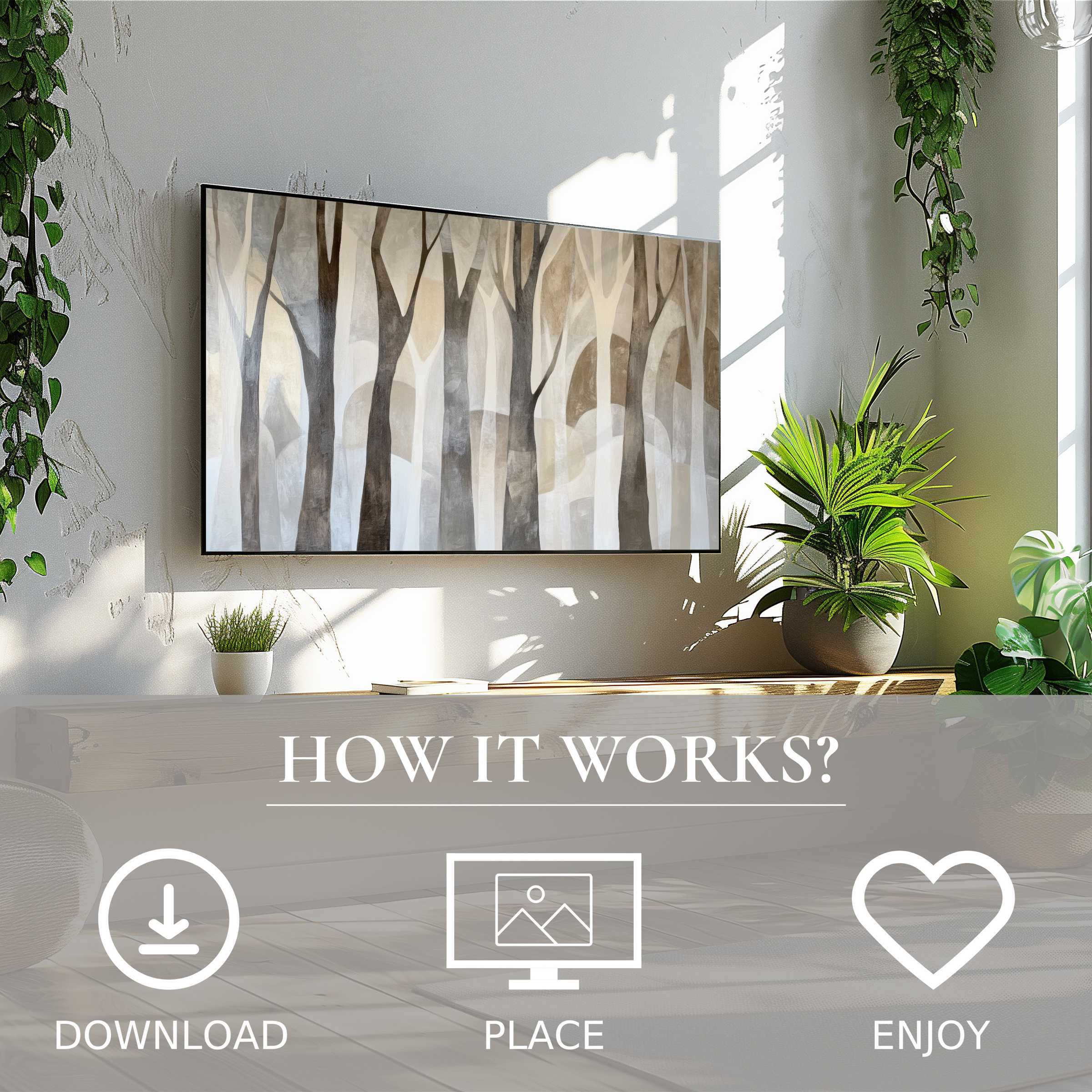 Modern art for Samsung TV shows soft beige tree silhouettes, easy digital download enriches any living space