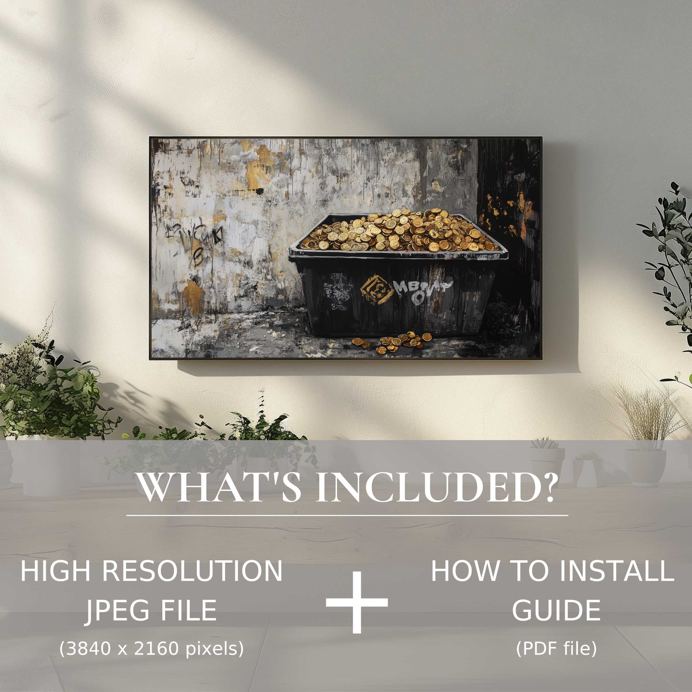 Elegant living space enhanced by street art digital TV art download; easy digital use with vivid, modern urban charm