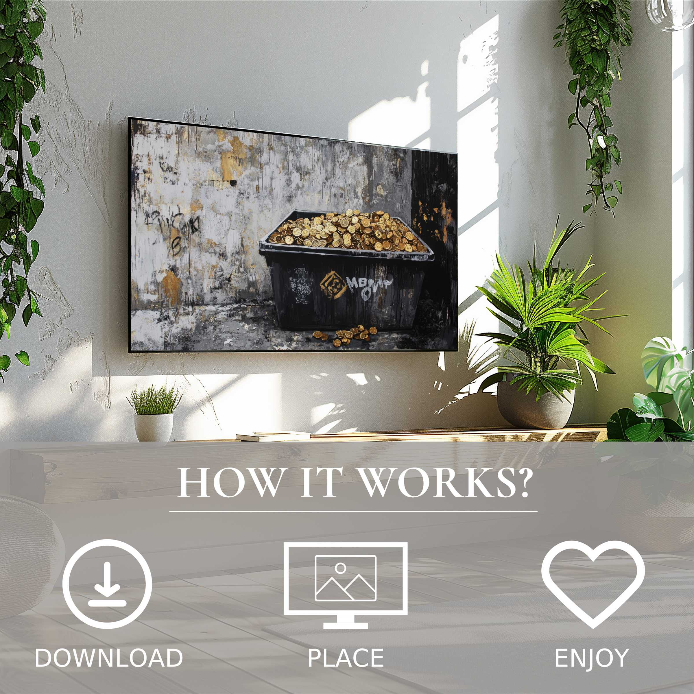 Modern living room with street art for Samsung TV showing a golden coin flow motif; digital download enriches space easily