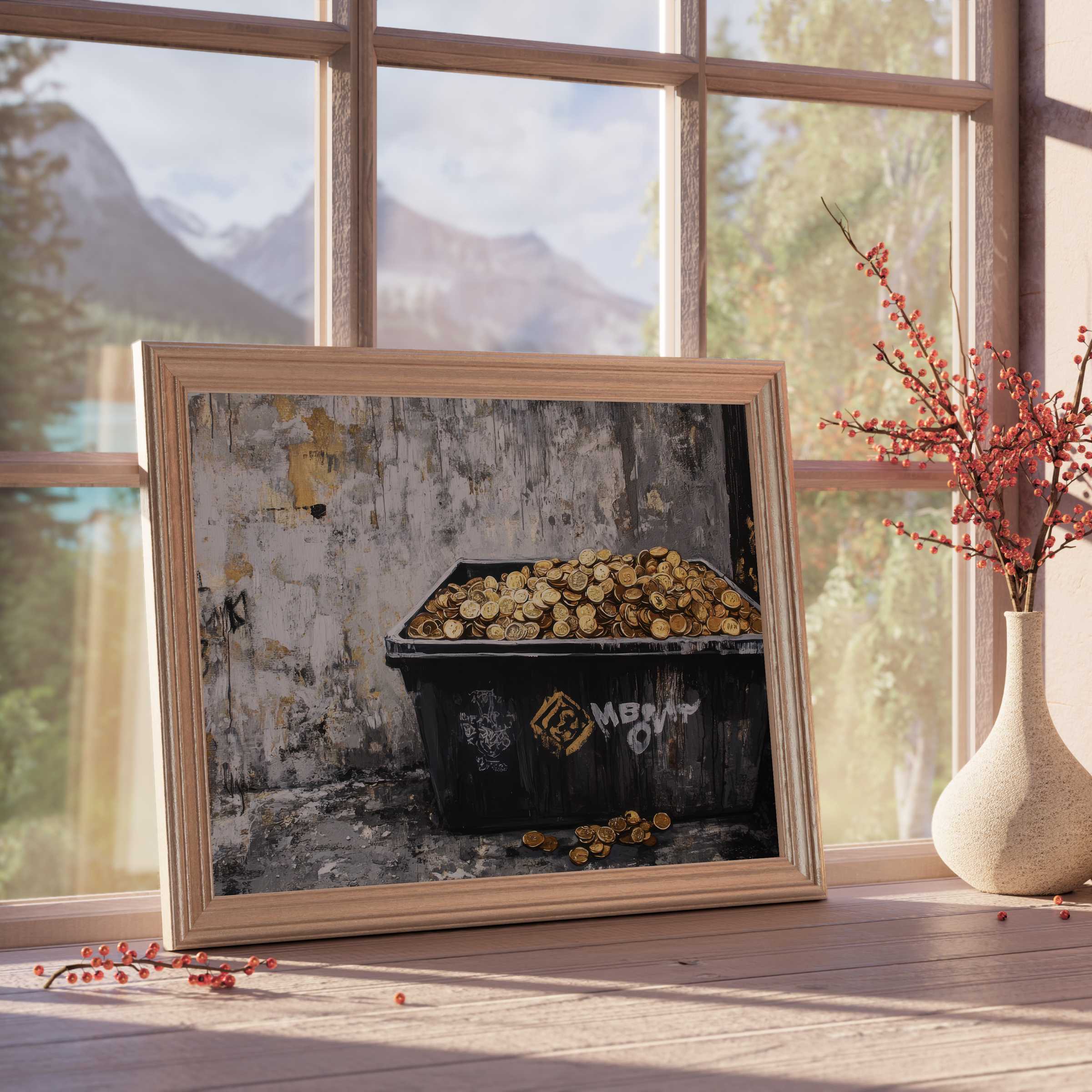 Street art downloadable art featuring gritty urban textures and golden coins, elevating curated, tranquil interiors with bold, stylish contrast