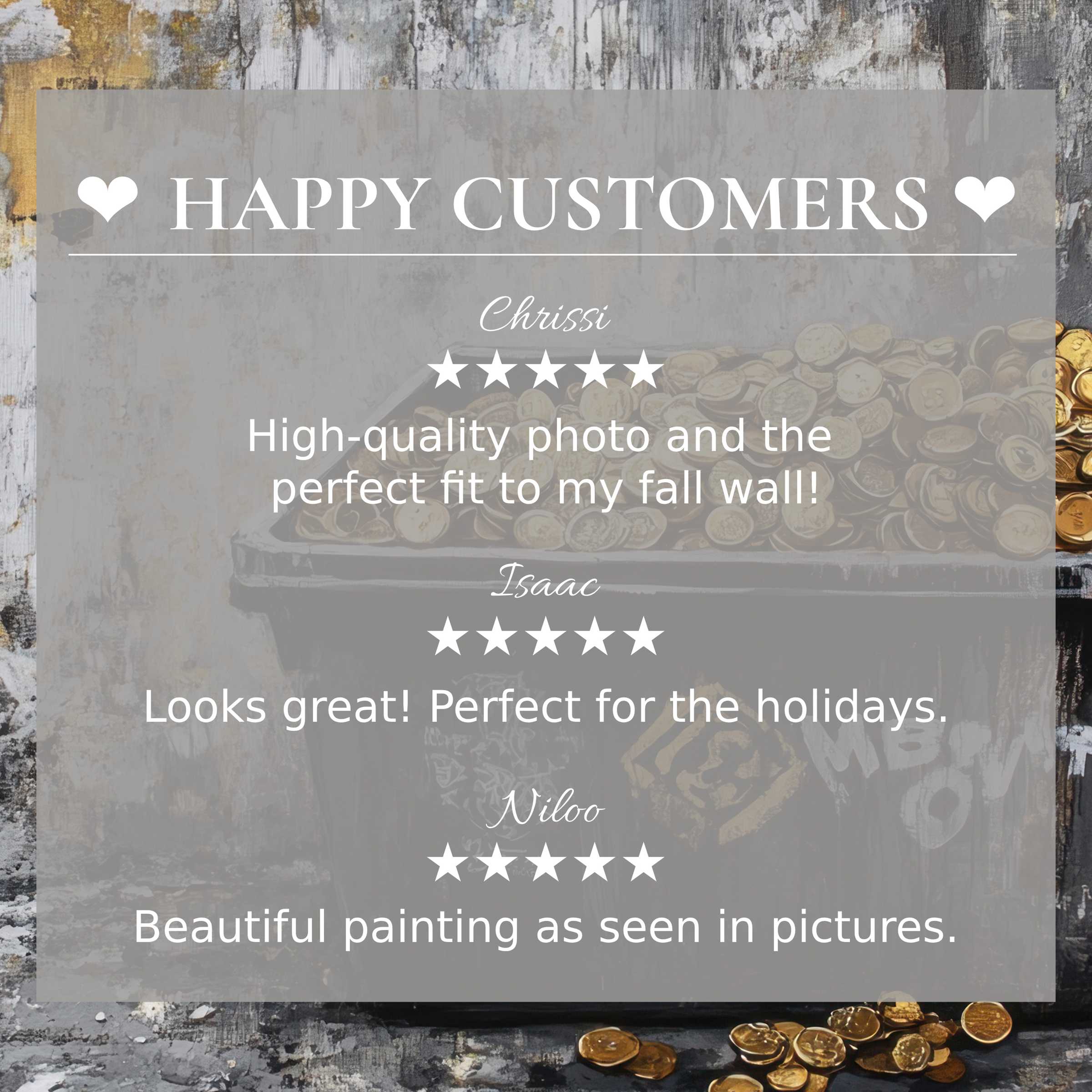 Street art for Frame TV with gold coin mural; happy customer reviews build trust and highlight elegance