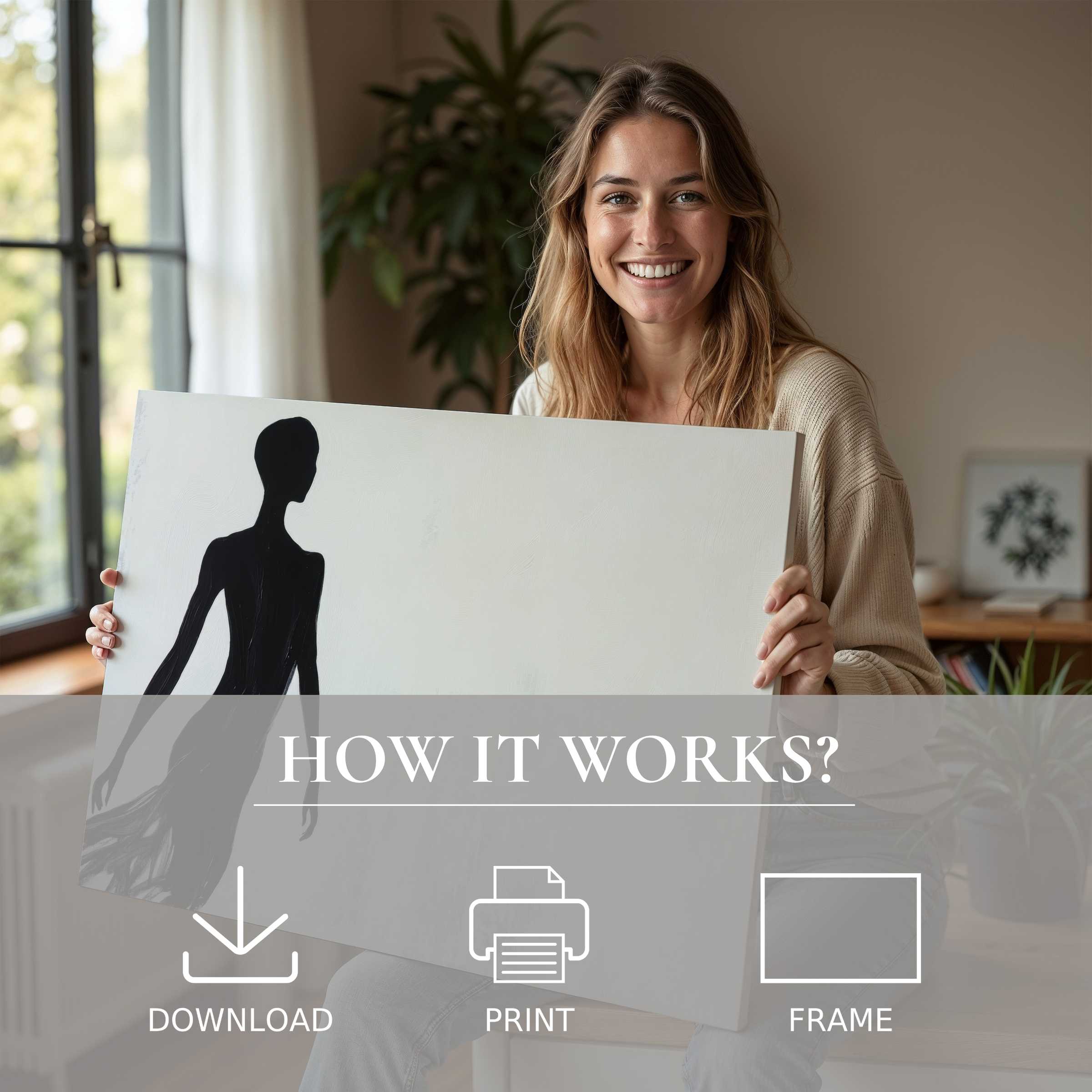 Refined woman embraces a minimalist digital art print in a serene, sunlit modern home, celebrating effortless elegance and joy with art