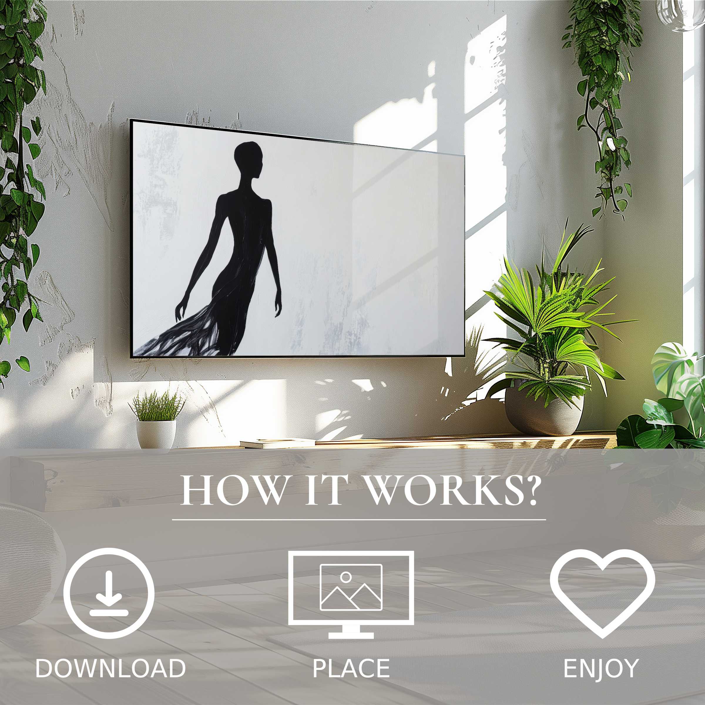 Minimalist art for Samsung TV showing a sleek silhouette motif; easy digital download enriches modern living spaces