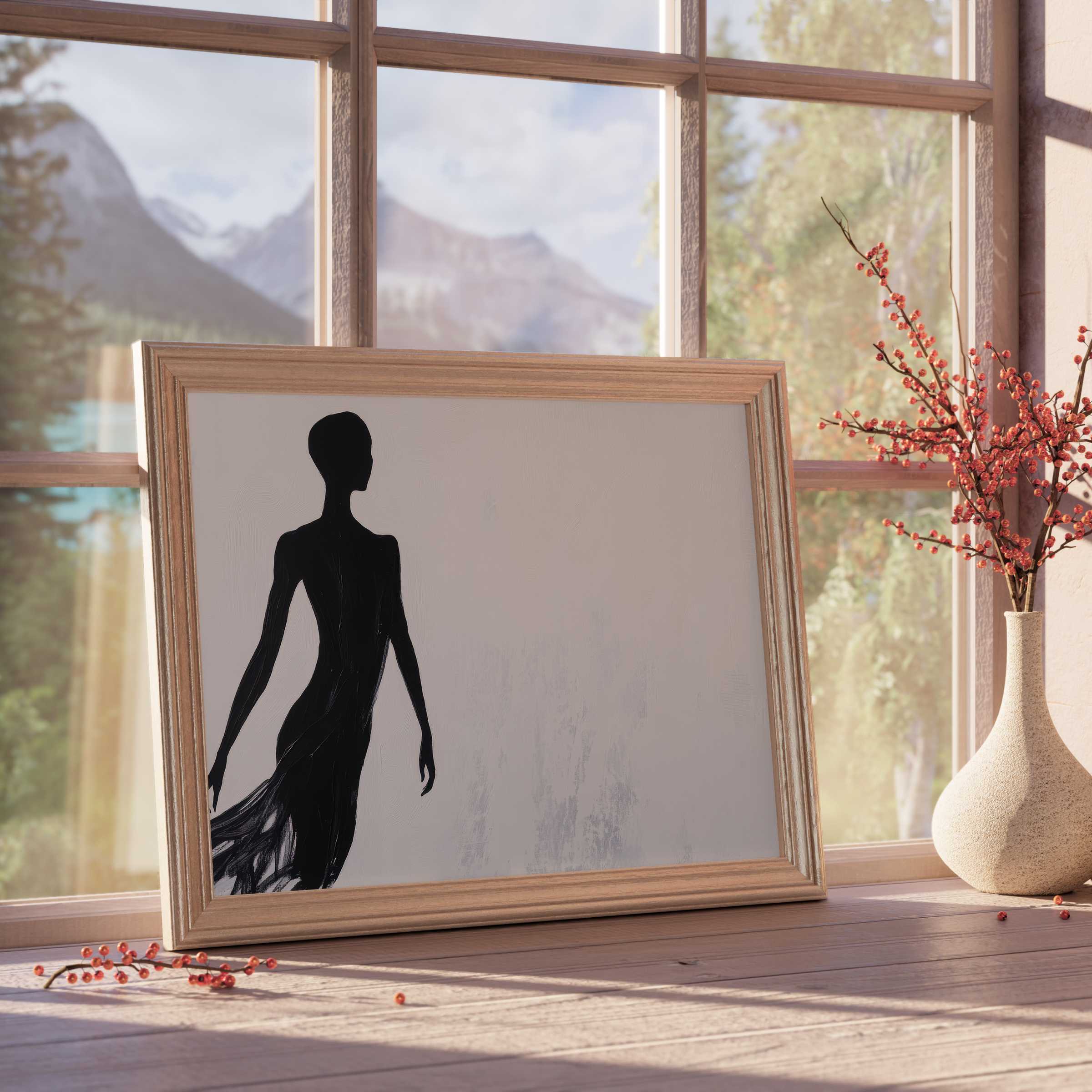 Minimalist downloadable art featuring an elegant black silhouette, enhancing tranquil, refined interiors with timeless, design-forward allure