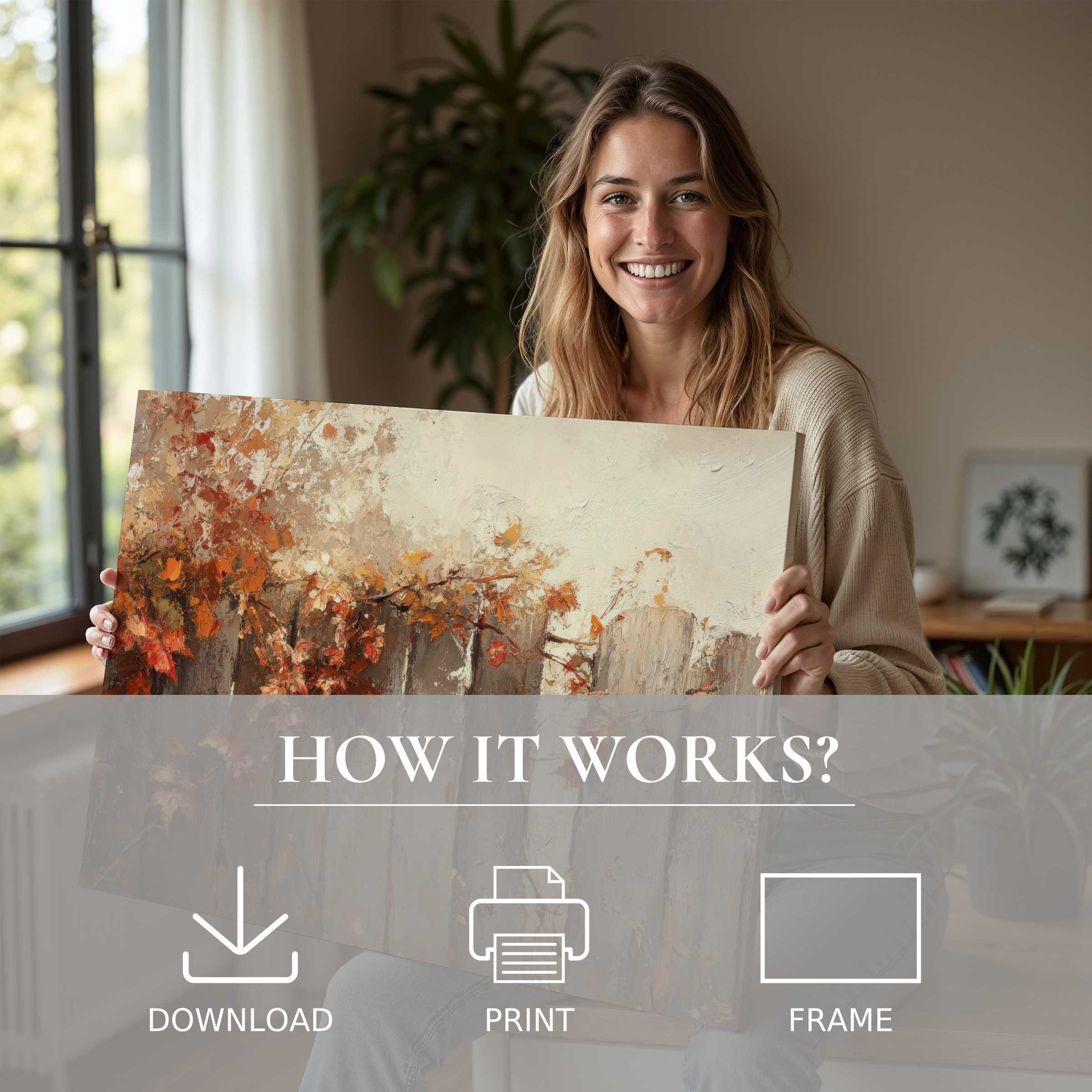 Elegant fall digital art print embraced in a serene modern home, inspiring warmth and joyful connection through curated living