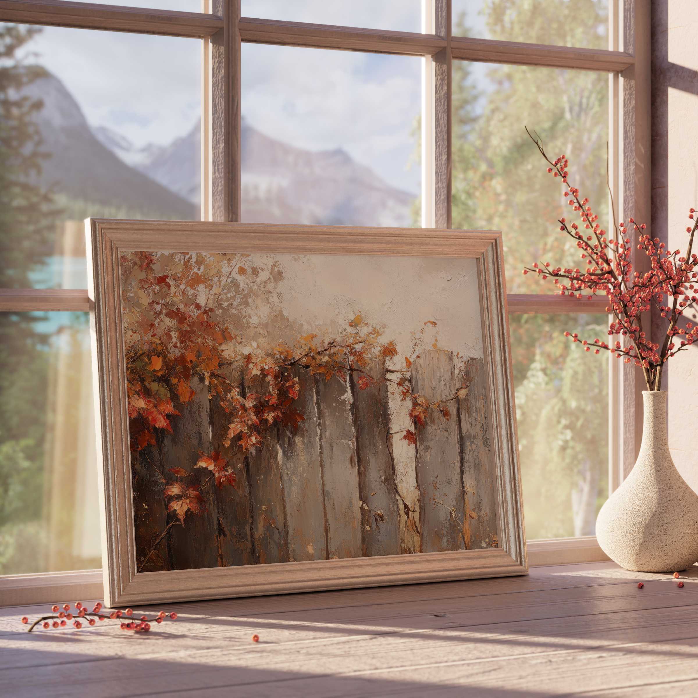 Fall downloadable art capturing rustic charm with warm amber leaves over weathered wood, perfect for curated, tranquil interiors