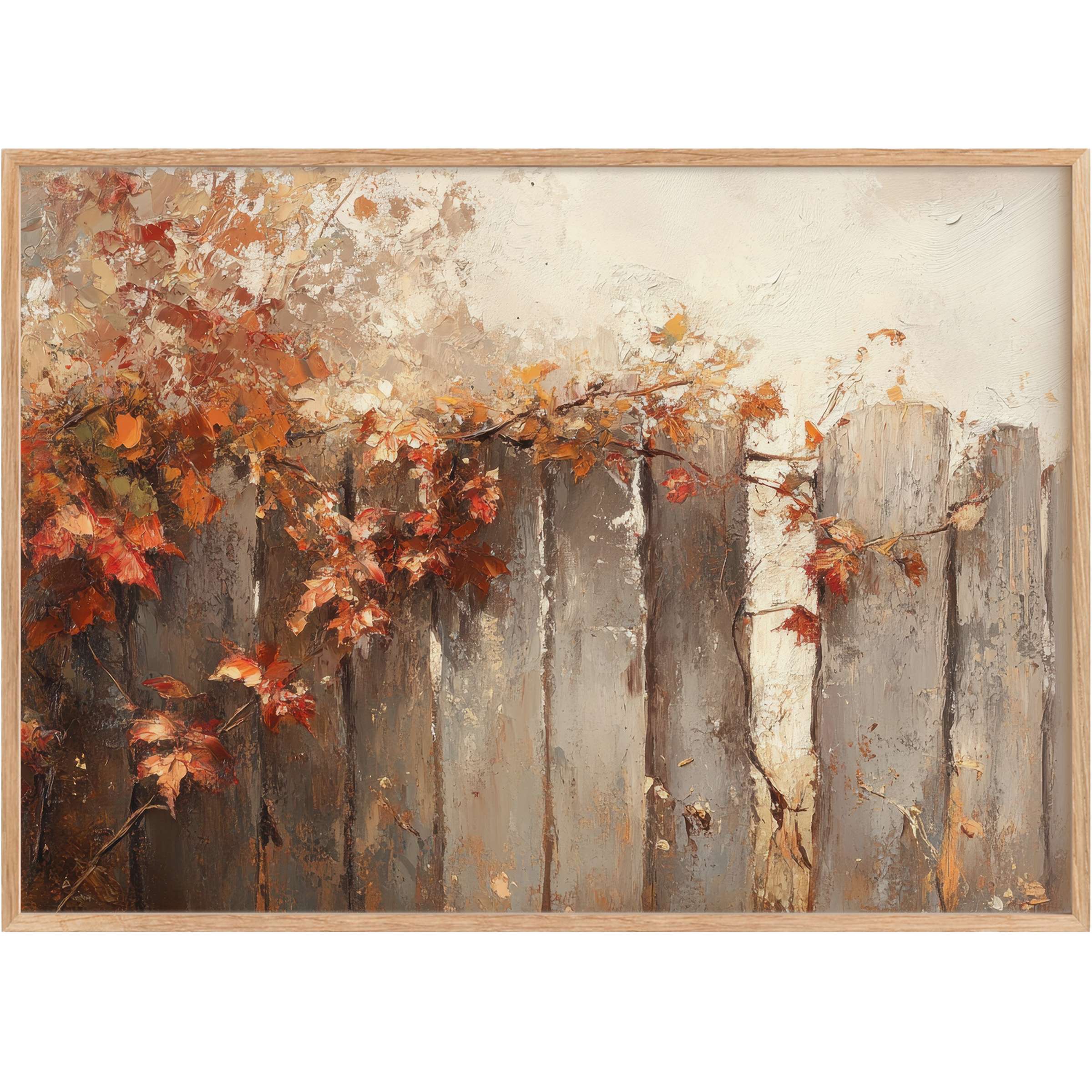 Rustic fall printable wall art features amber and sienna leaves cascading over weathered wood, evoking a warm, nostalgic ambiance
