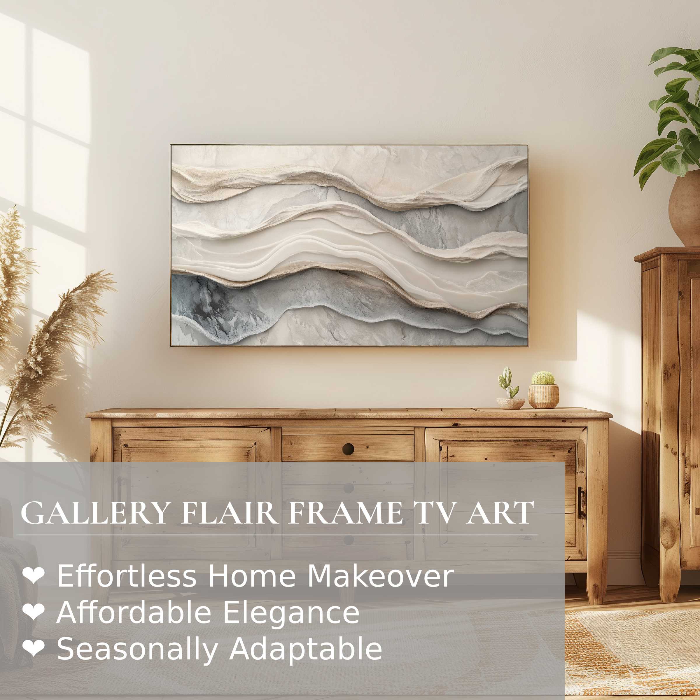 Samsung Frame TV displays neutral digital artwork with soft textures in a serene, modern living room setting