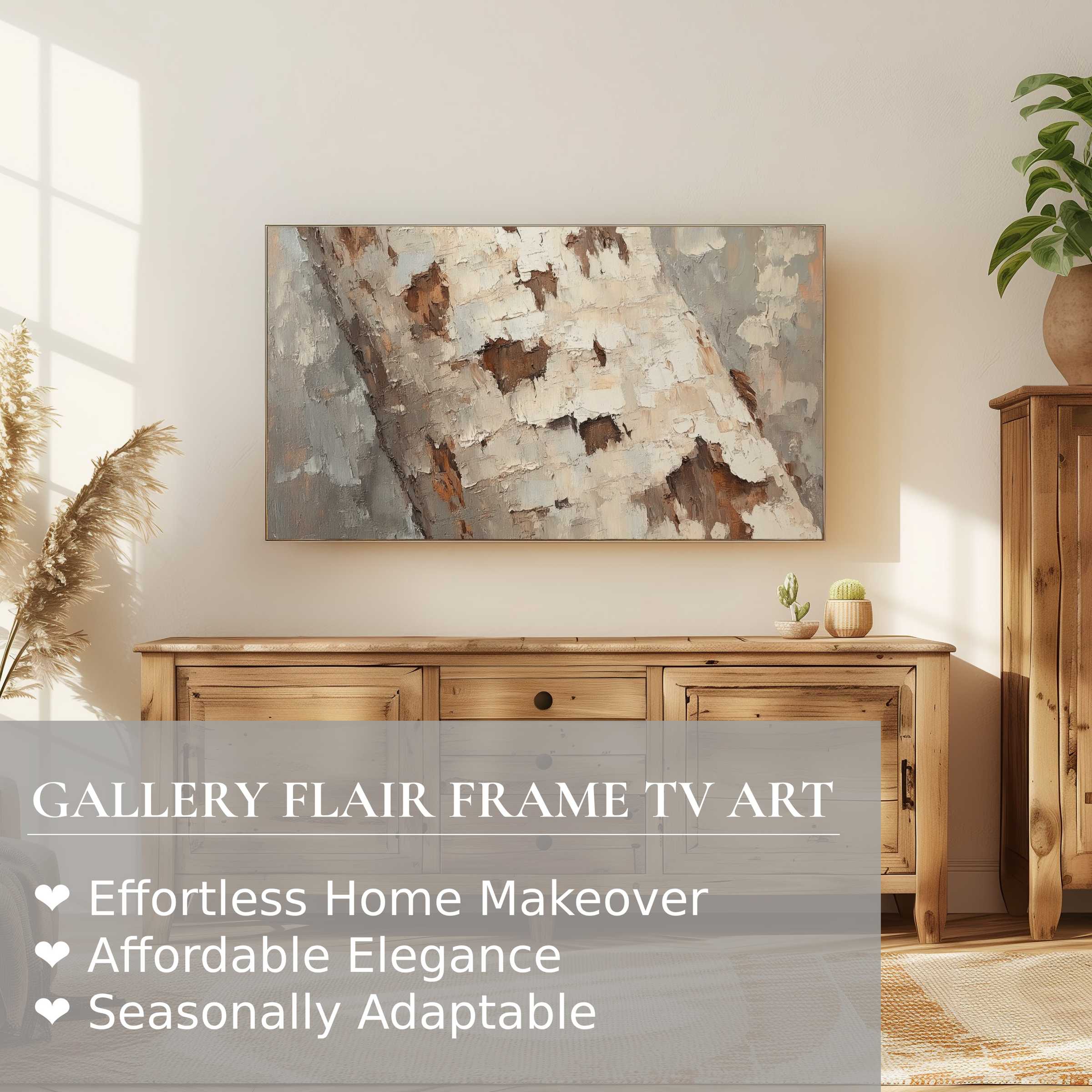 Elegant Samsung Frame TV displaying textured tree digital artwork in a warm, modern living room setting