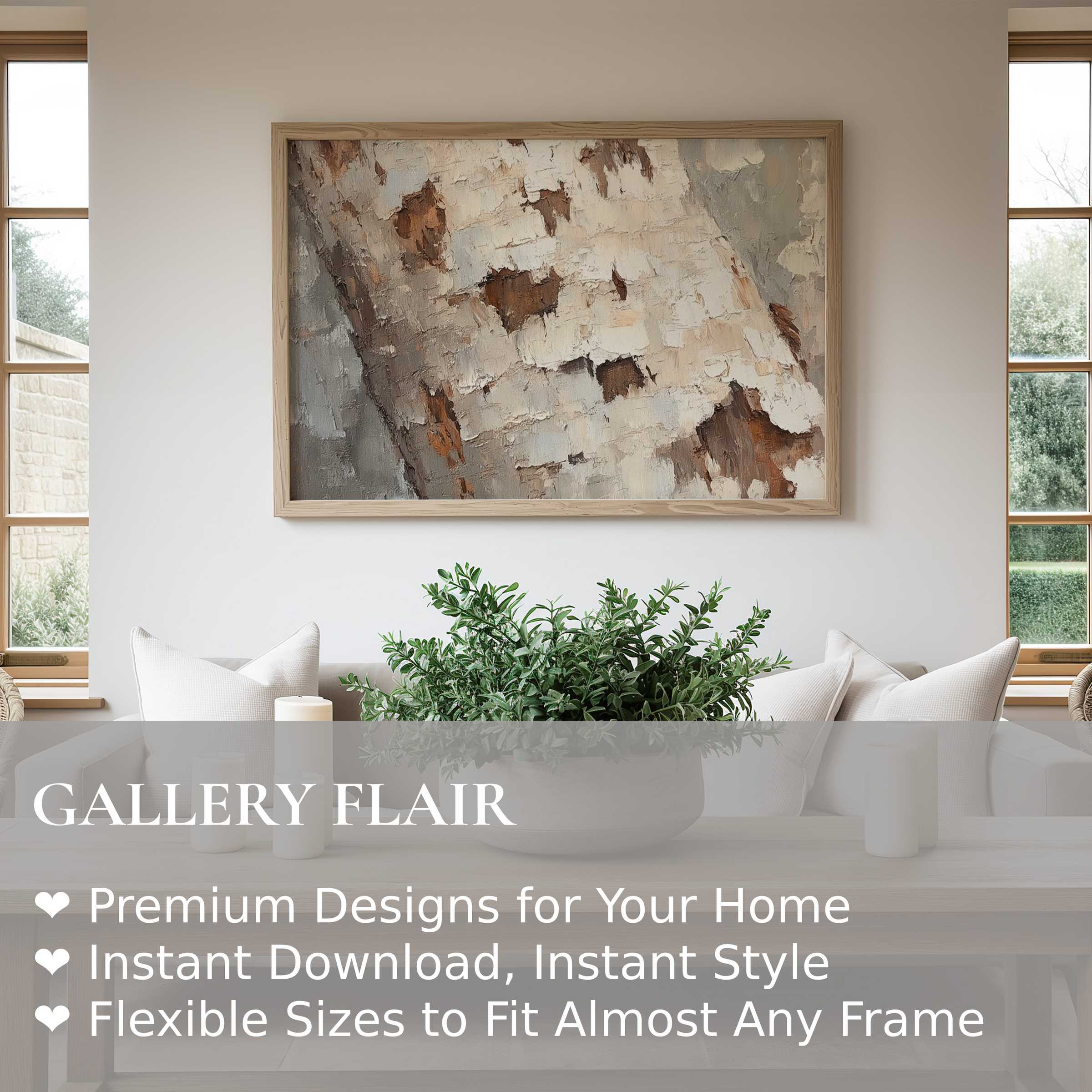 Birch tree wall art print featuring textured, earthy tones in a serene modern living room, enhancing natural, rustic elegance