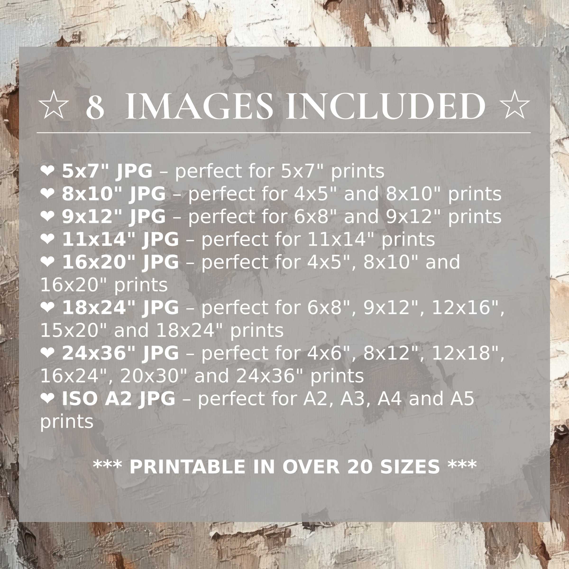 Print size guide showing 8 included JPG formats for versatile wall art printing – perfect for framing in popular sizes from 5x7 to 24x36 and A2