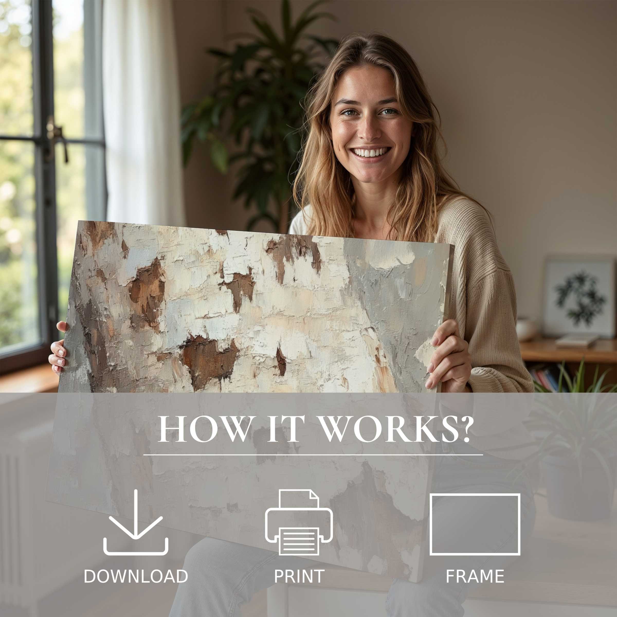 A joyful moment in a modern home as a woman reveals a serene tree digital art print, embodying effortless elegance and refined living