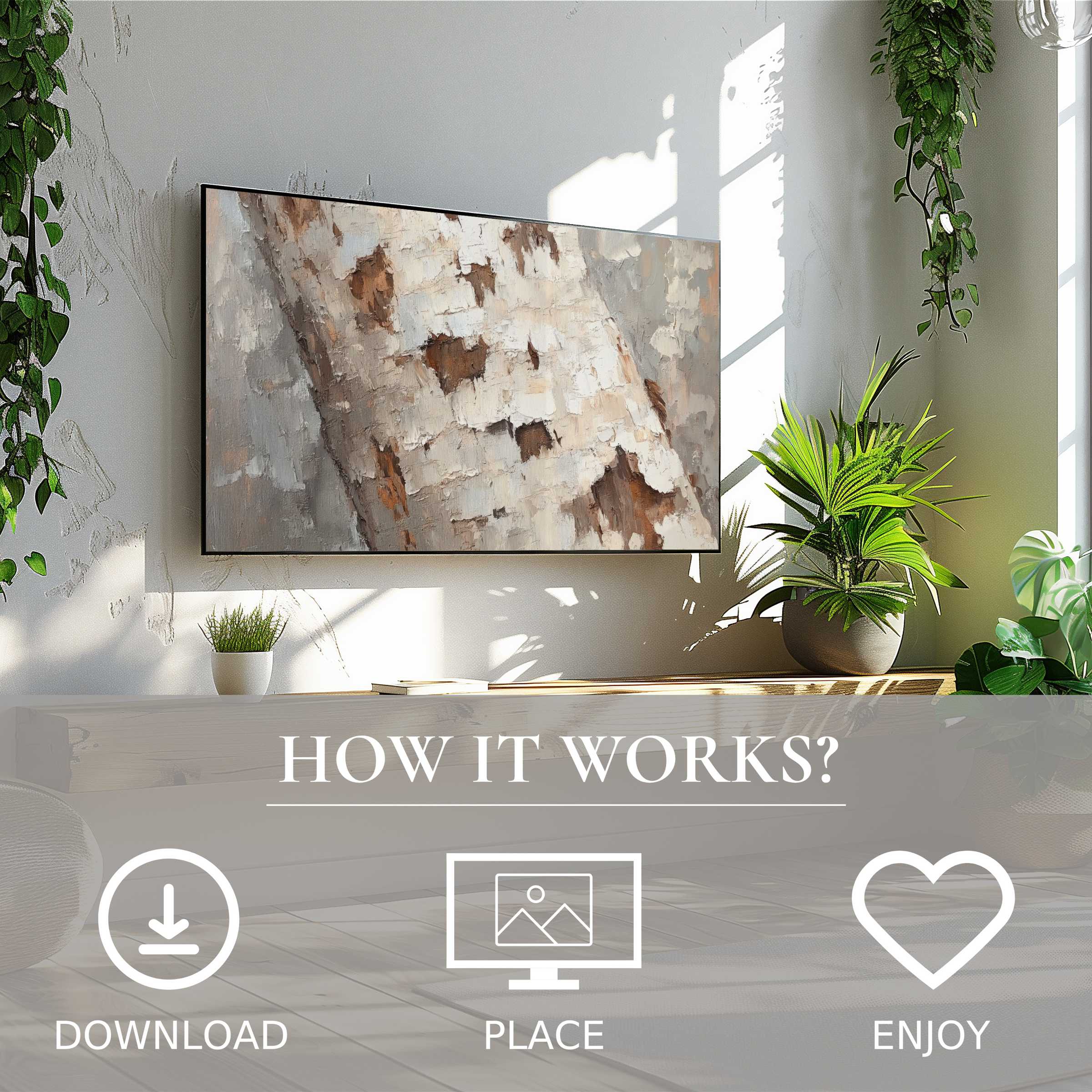 Tree art for Samsung TV shows textured birch bark in neutral tones, easy digital download enriches sleek modern living