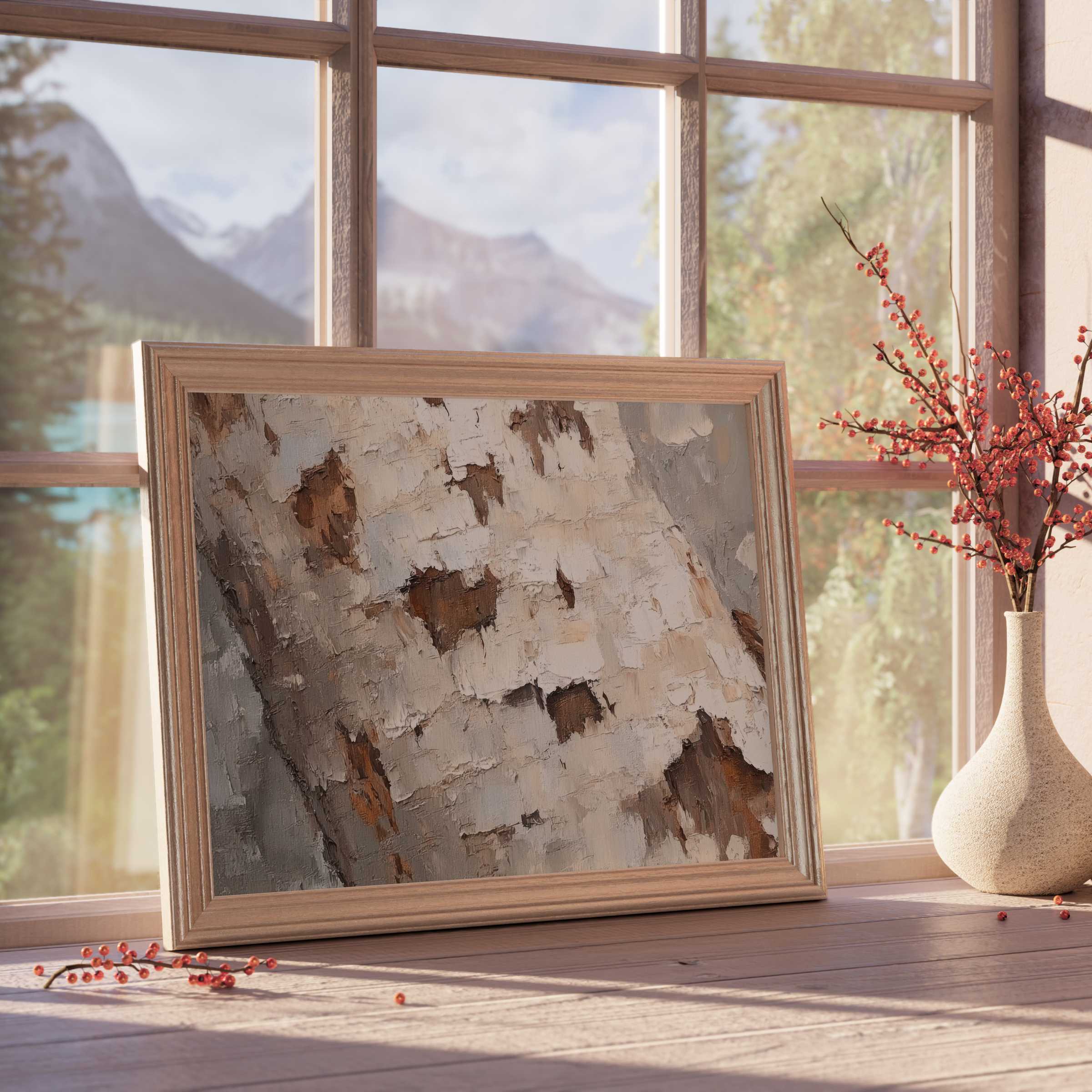 Rustic tree downloadable art capturing textured birch bark in soft, neutral tones-perfect for serene, curated modern interiors