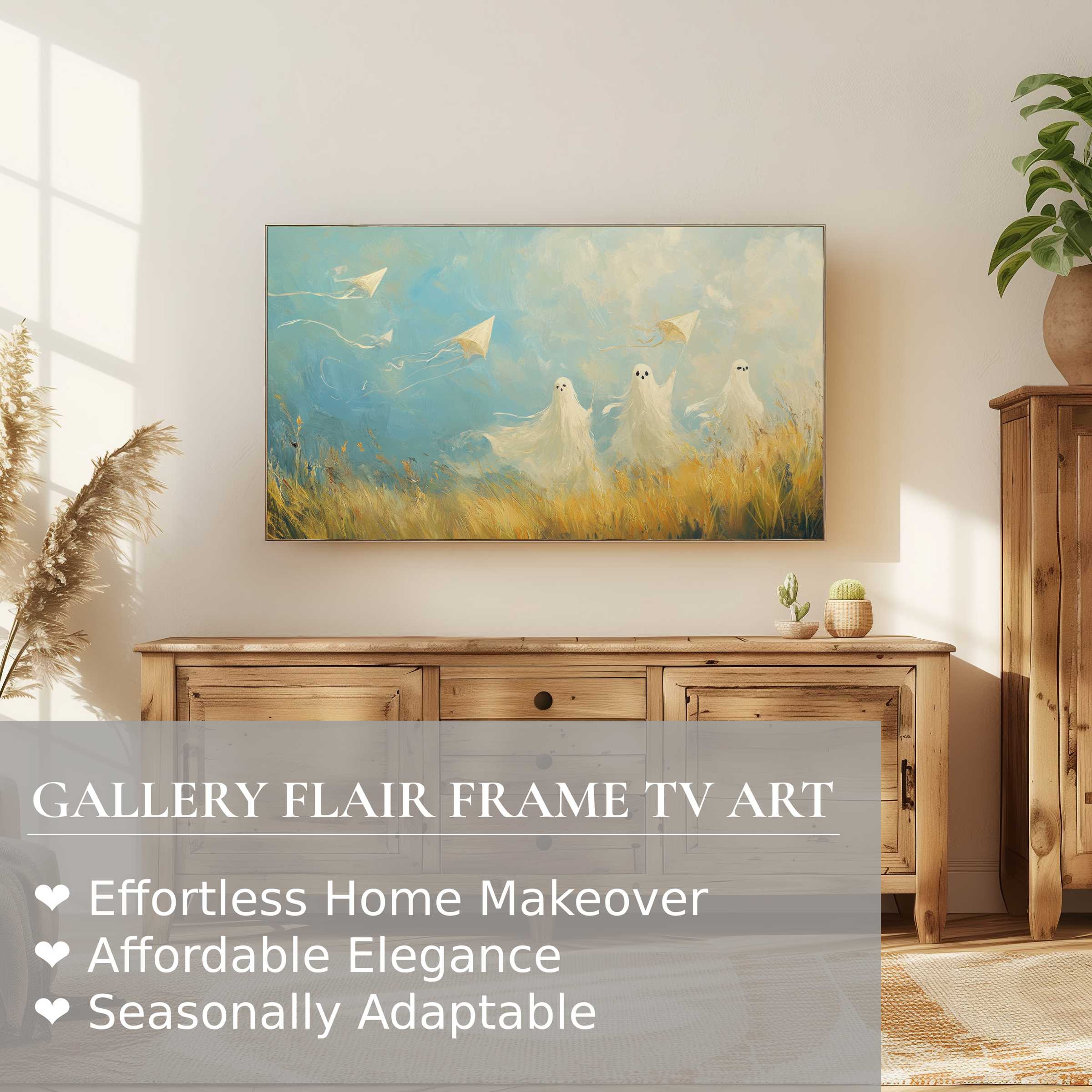 Samsung Frame TV displays whimsical halloween digital artwork with airy ghosts and golden fields in a serene modern setting