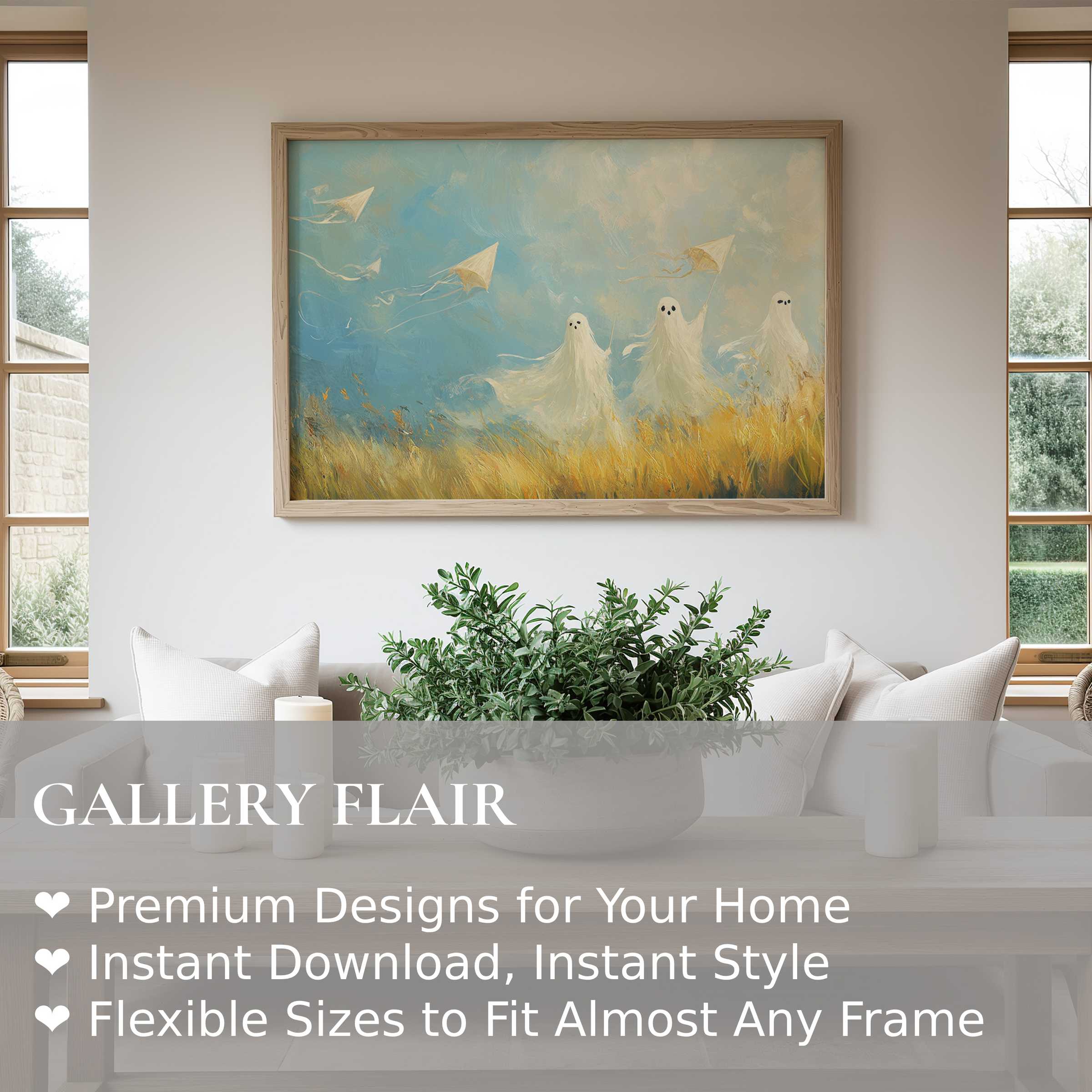 Ethereal halloween wall art print with whimsical ghosts and kites over golden fields, enhancing modern farmhouse and cozy living spaces with soft, airy charm