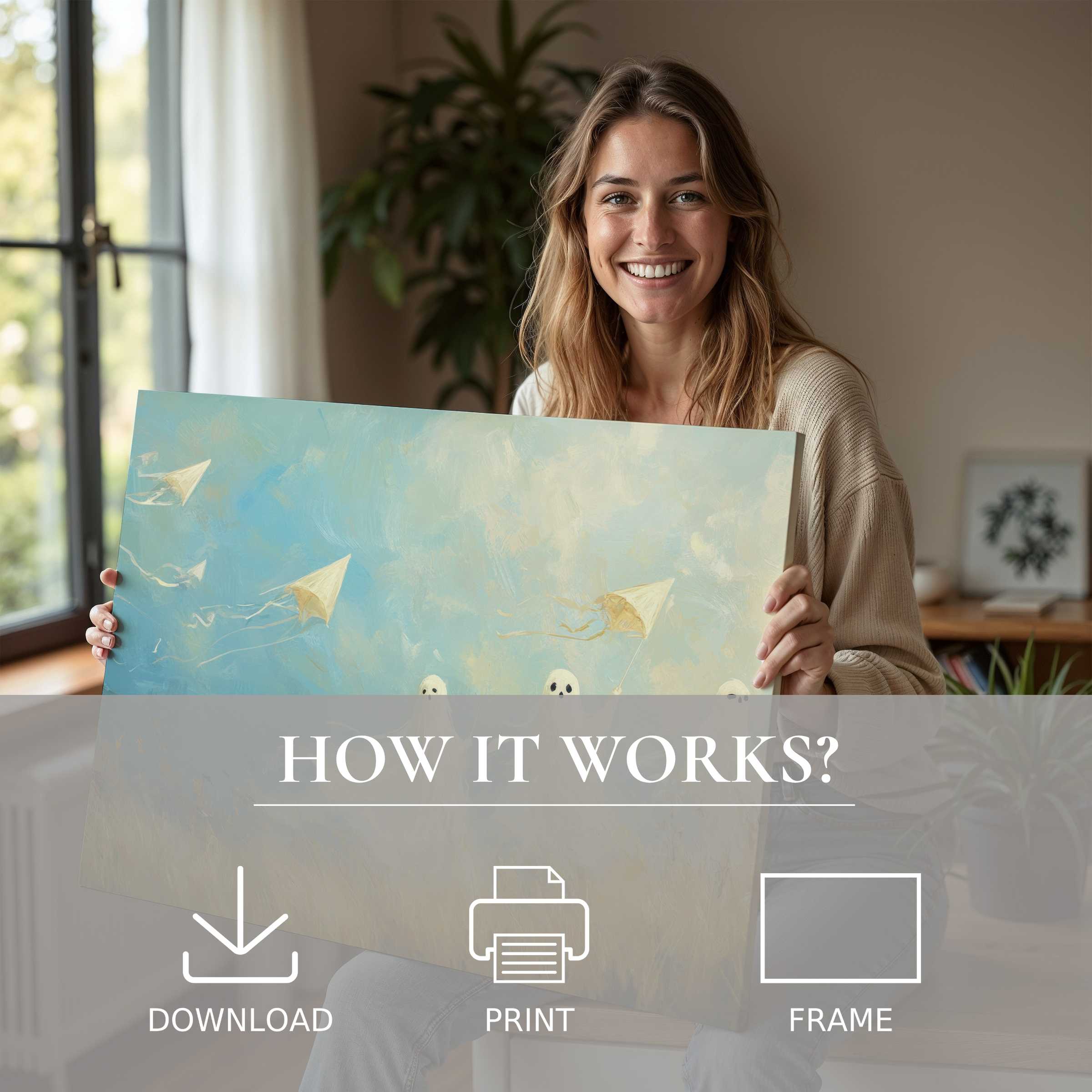 A joyful woman cradles a serene Halloween digital art print amid soft natural light, embodying effortless elegance in modern home decor